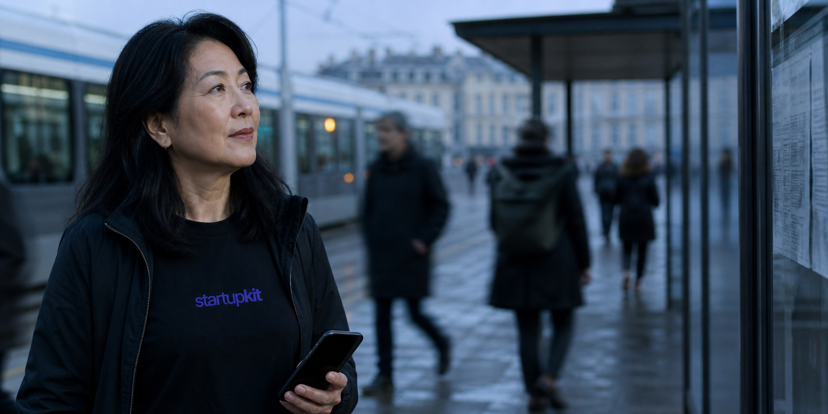 A recruiting lead pauses beside a city noticeboard at cool morning light, reviewing a candidate match on her phone while people move through the background