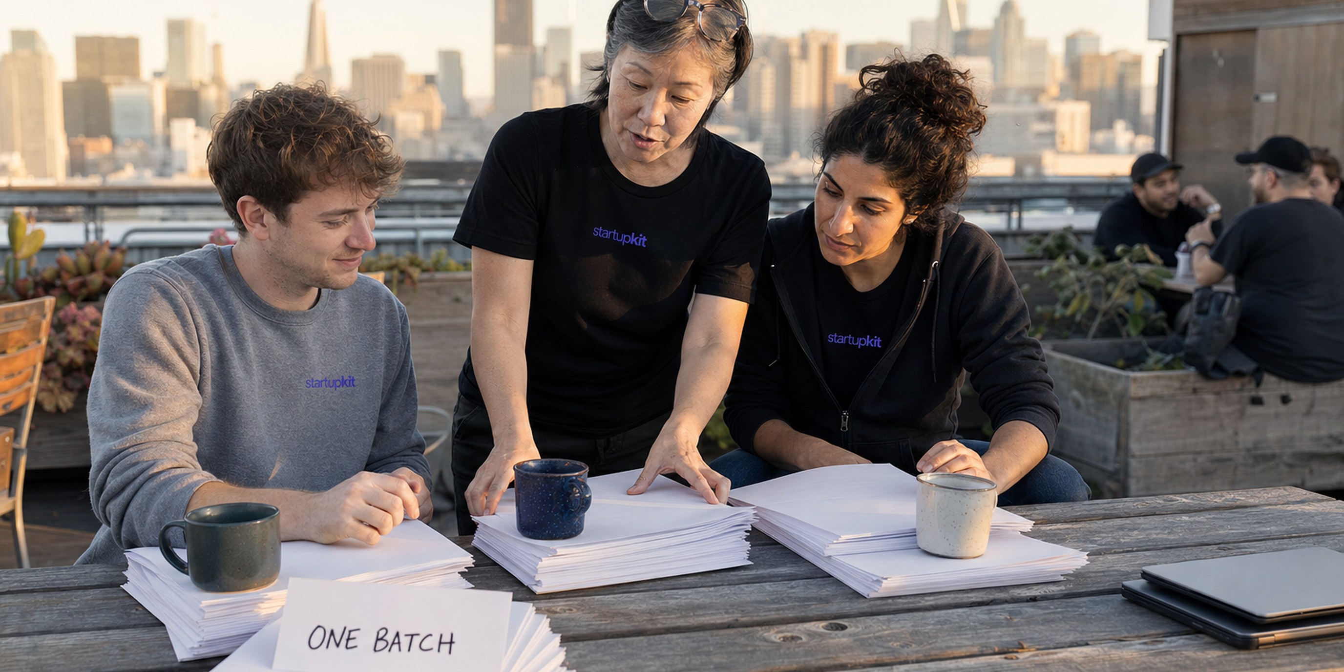 Three colleagues at a rooftop picnic table in San Francisco at golden hour, sorting a wide fan of printed vulnerability reports into three weighted stacks, one topped by a handwritten index card reading ONE BATCH, with closed laptops at the table edge