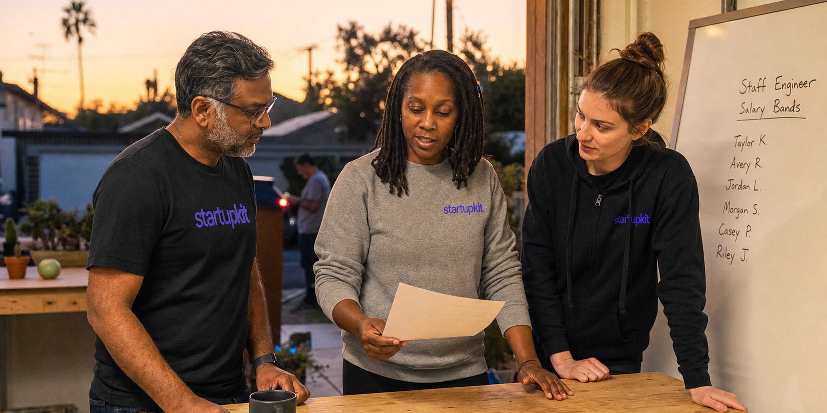 A Black woman engineering lead and two teammates at a garage-office worktable in dusk light, comparing a printed machine learning engineer salary band against a handwritten shortlist of passive candidates