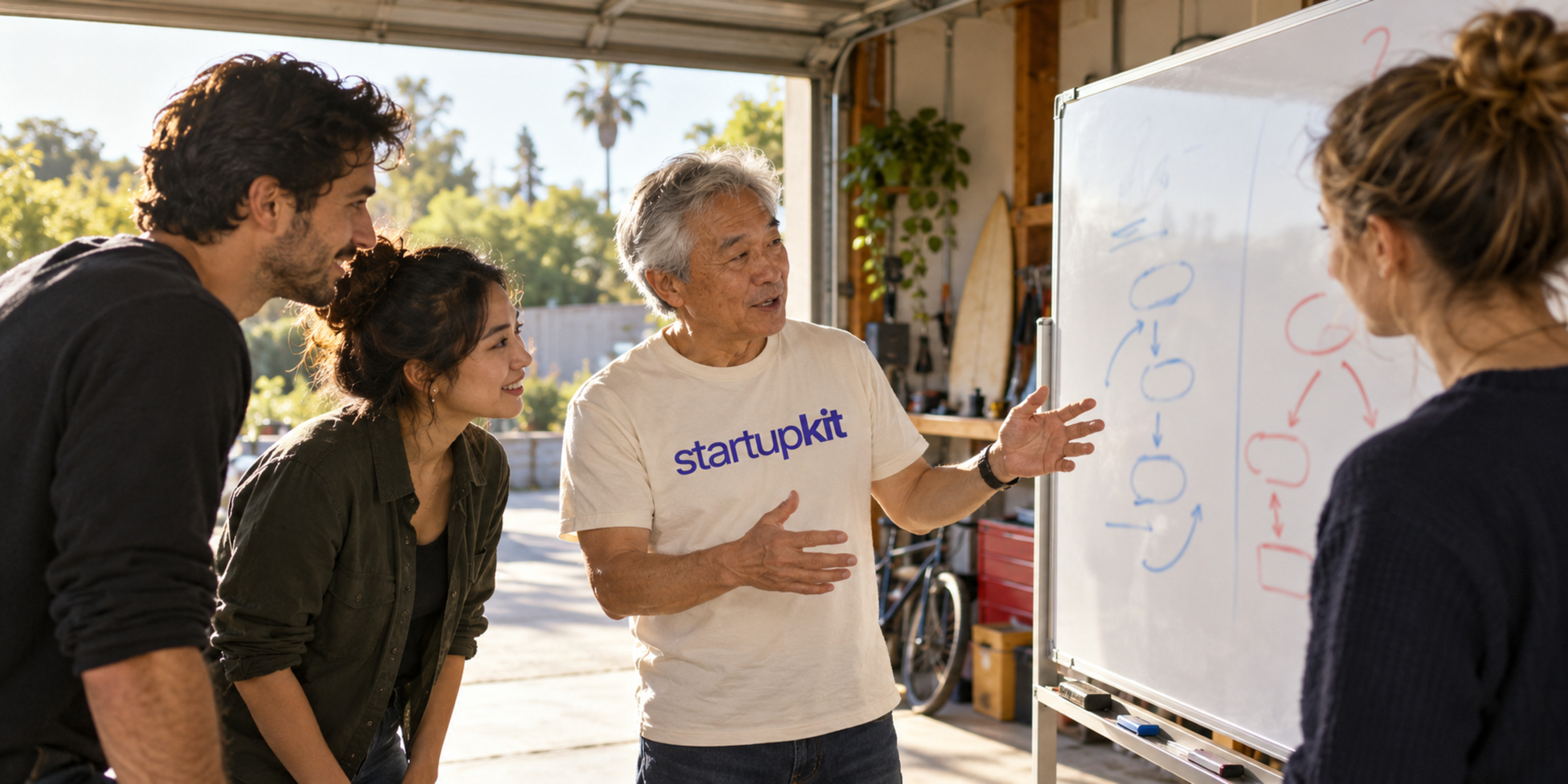 A senior engineer and three colleagues mapping separate data paths on a whiteboard in an open California garage