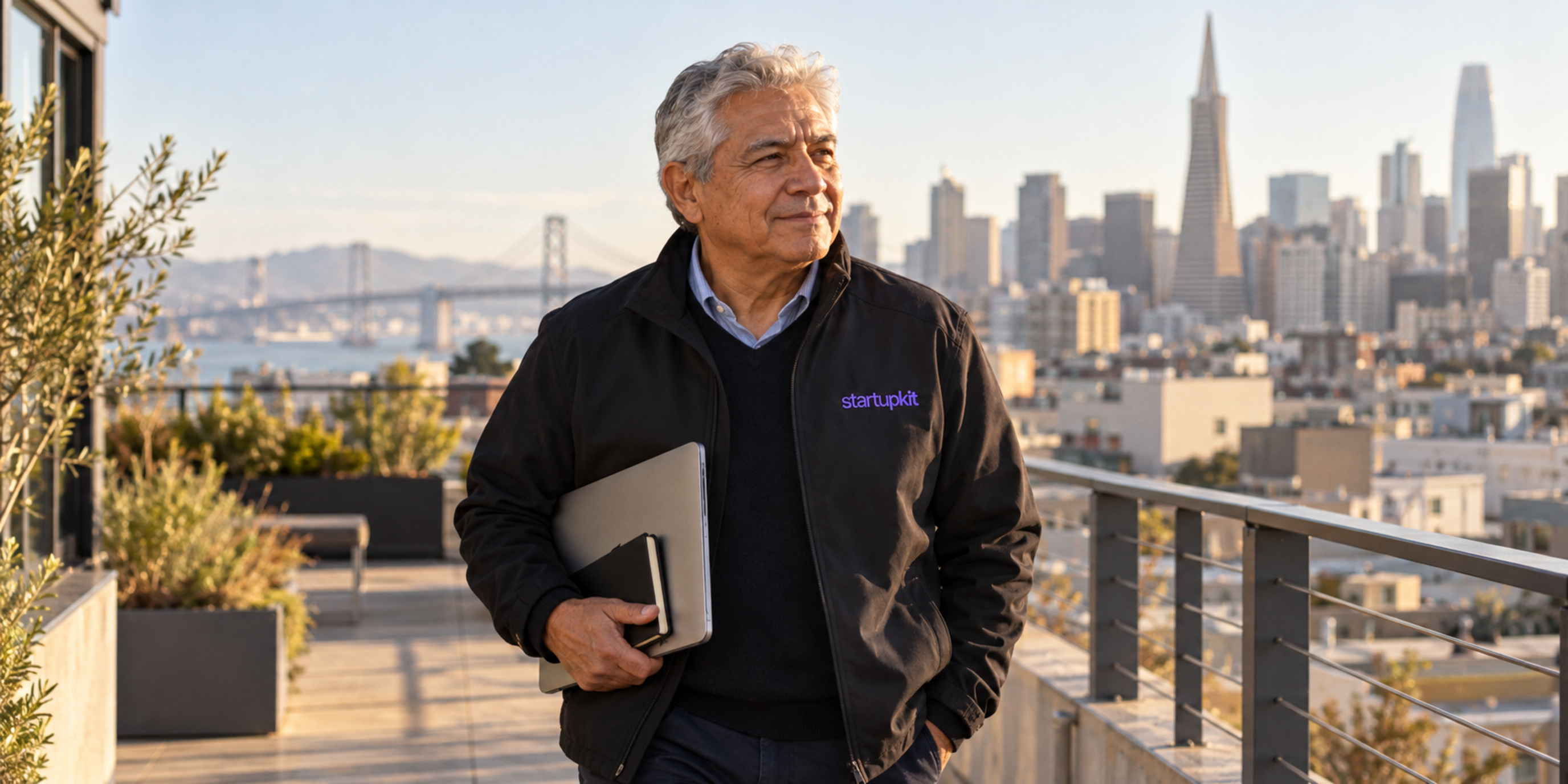 Silver-haired security analyst on a San Francisco rooftop with a closed laptop, notebook, and small startupkit wordmark