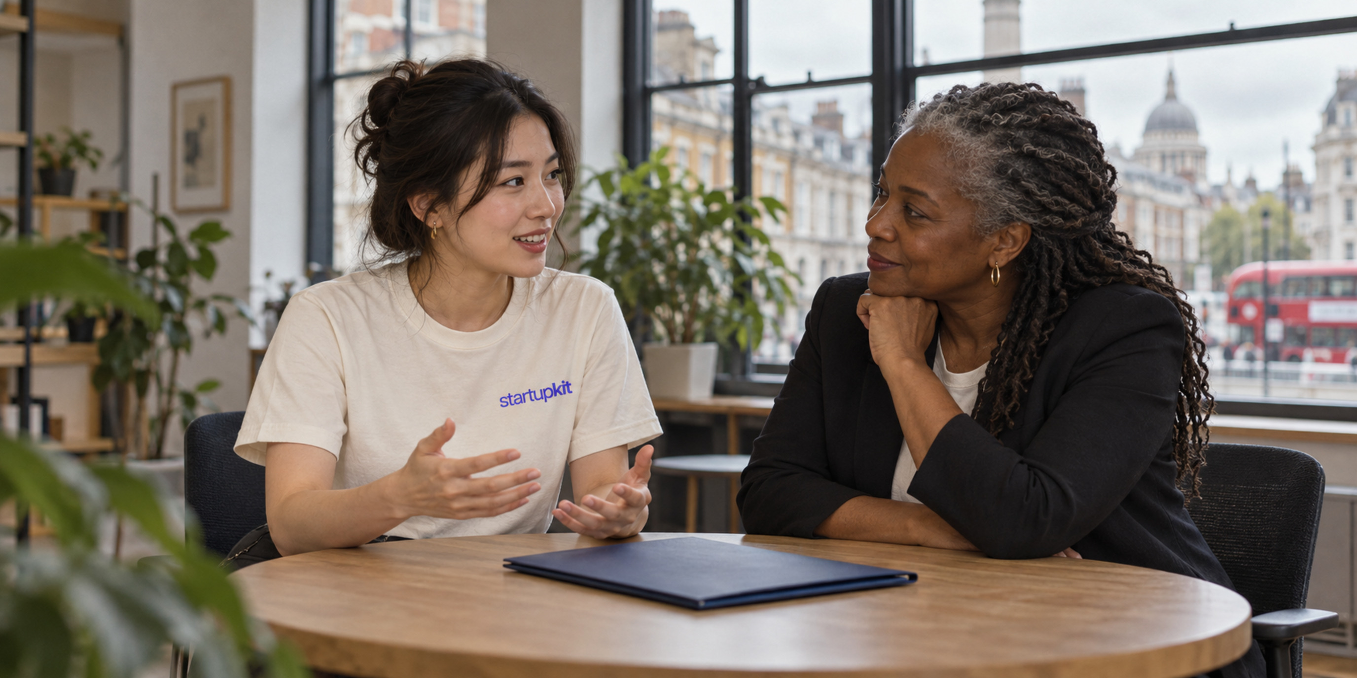 A founder and benefits adviser discussing an offer in a London office with a closed folder