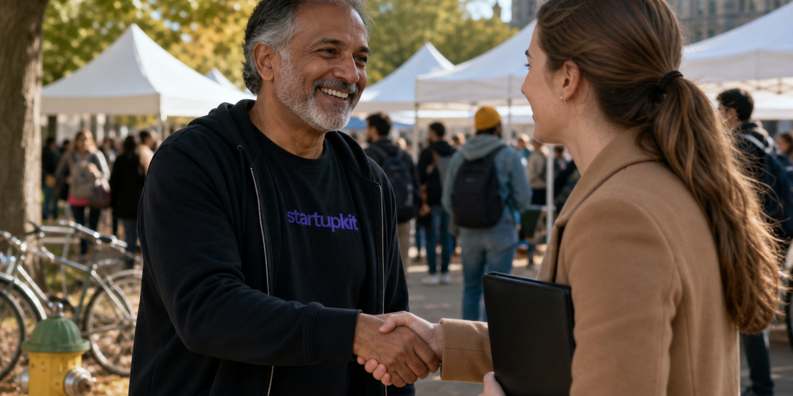 A senior recruiter wearing a startupkit shirt shakes hands with a candidate at an outdoor Canadian university career fair