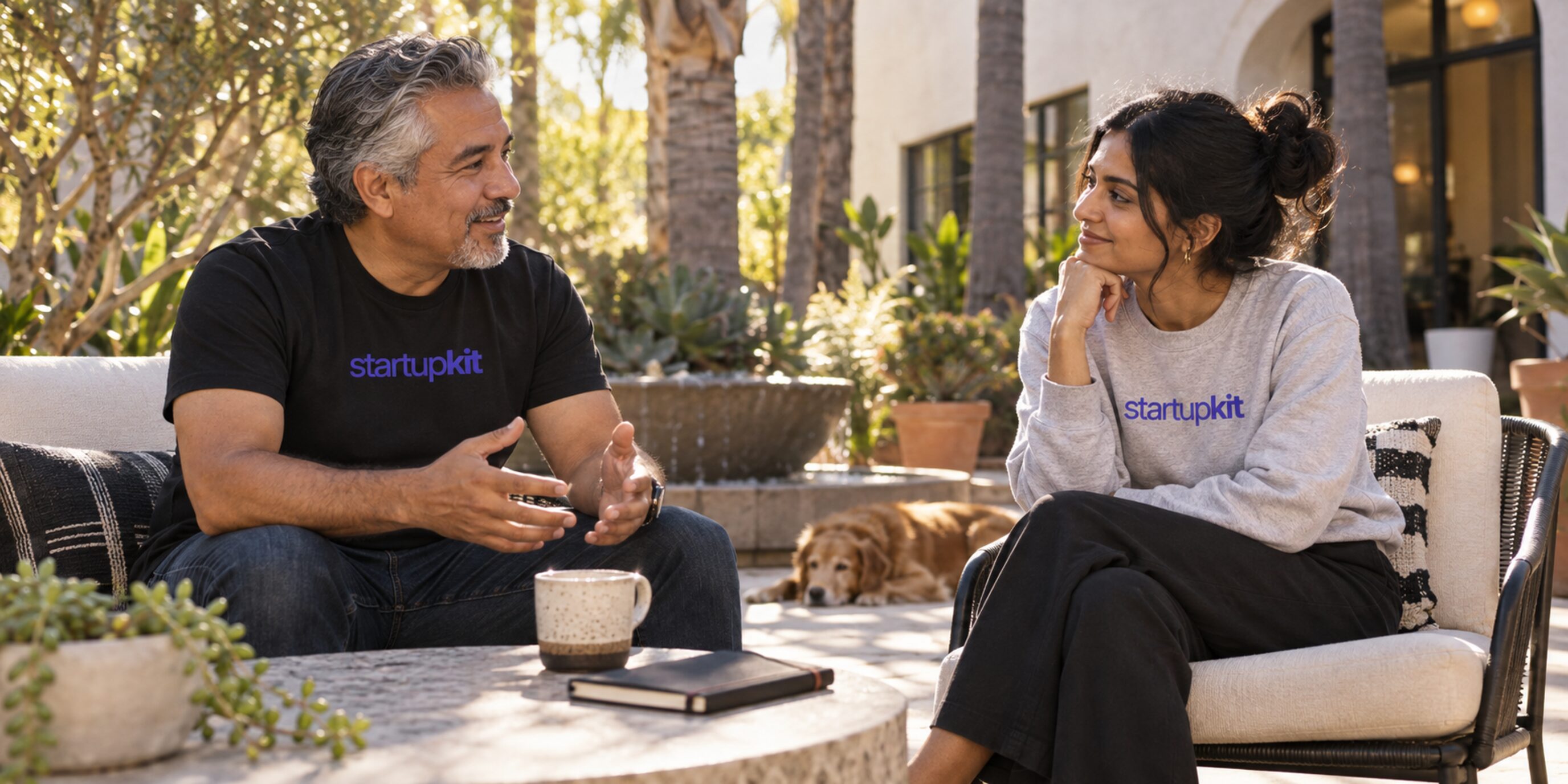 A silver-haired Latino engineering candidate and a South Asian interviewer discuss a closed notebook in a sunny Los Angeles courtyard.