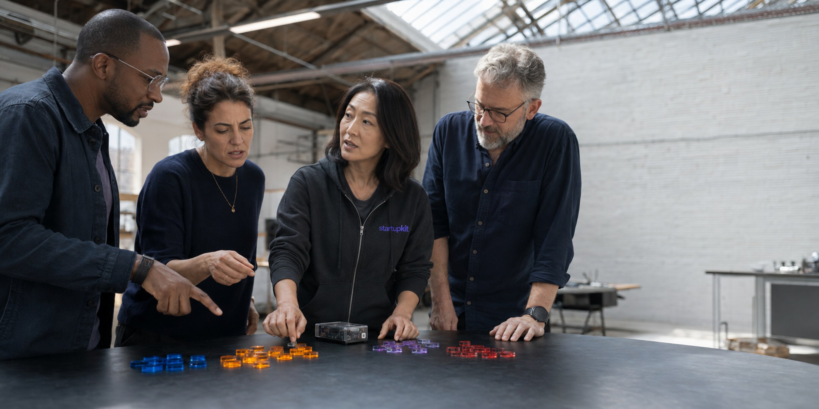 Four security team members comparing separate groups of evidence tokens during a bounty review