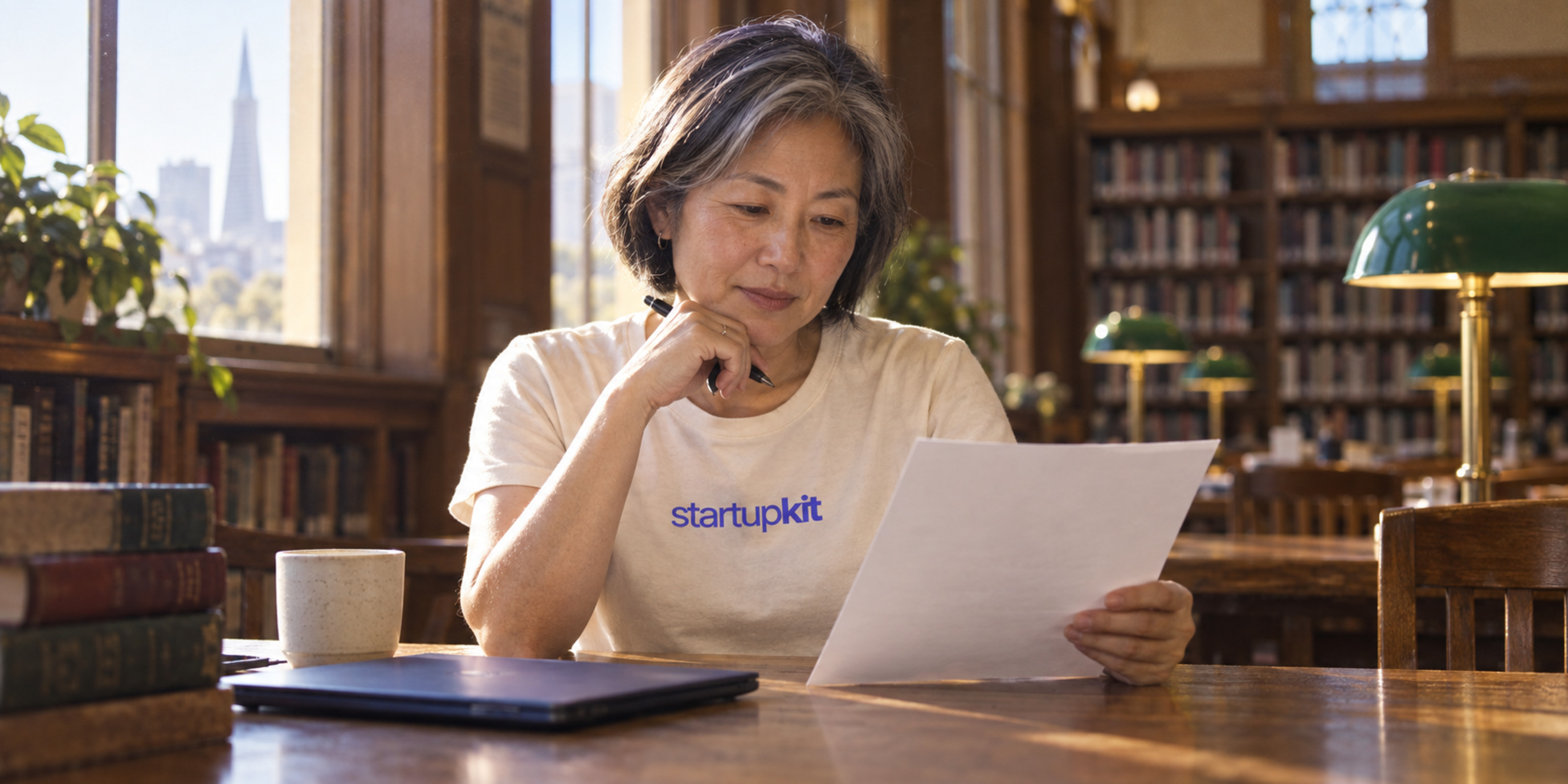 Recruiter reviewing candidate instructions in a quiet library with a closed laptop beside her