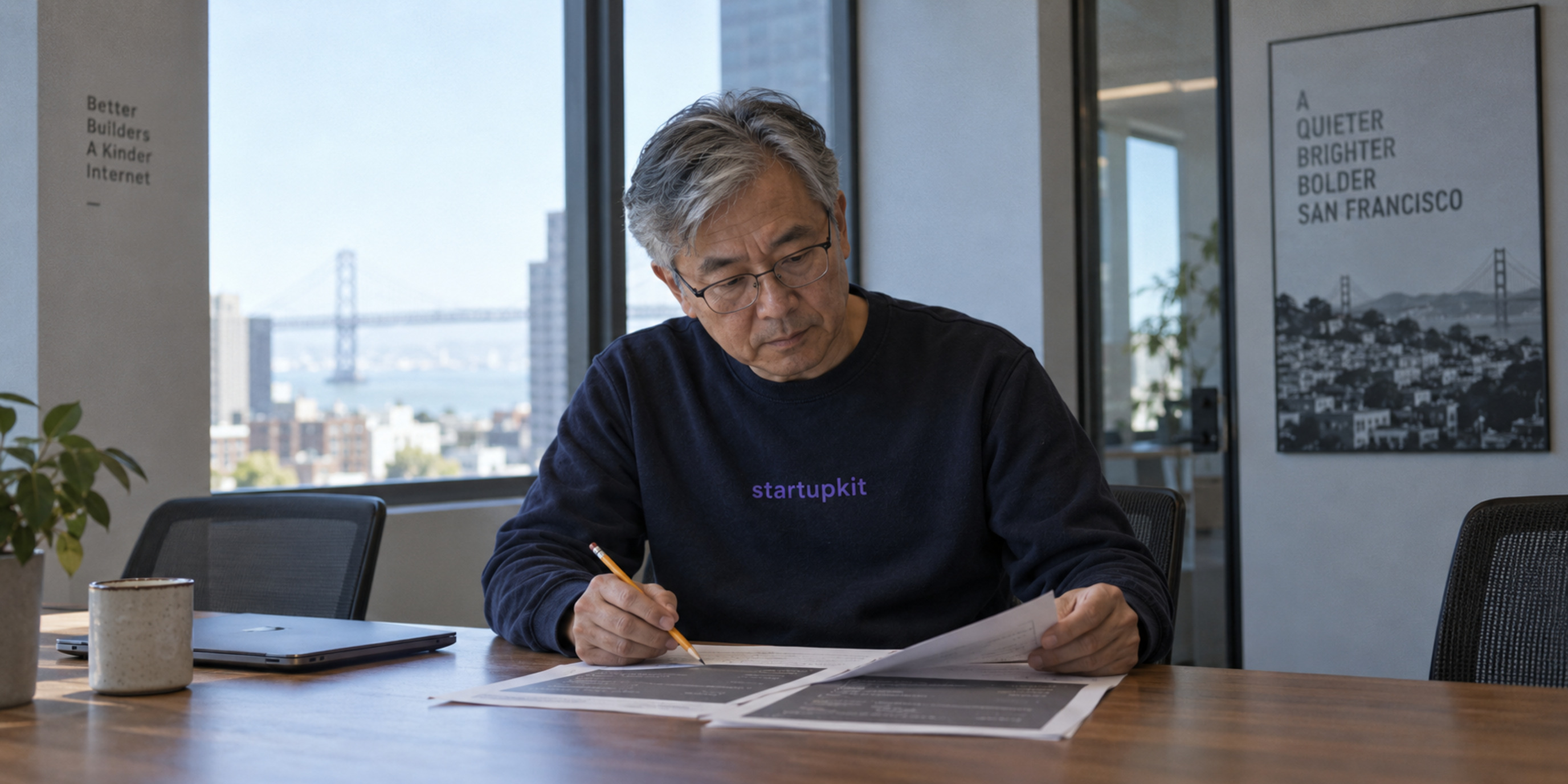 An older East Asian man reviewing code in a San Francisco interview room