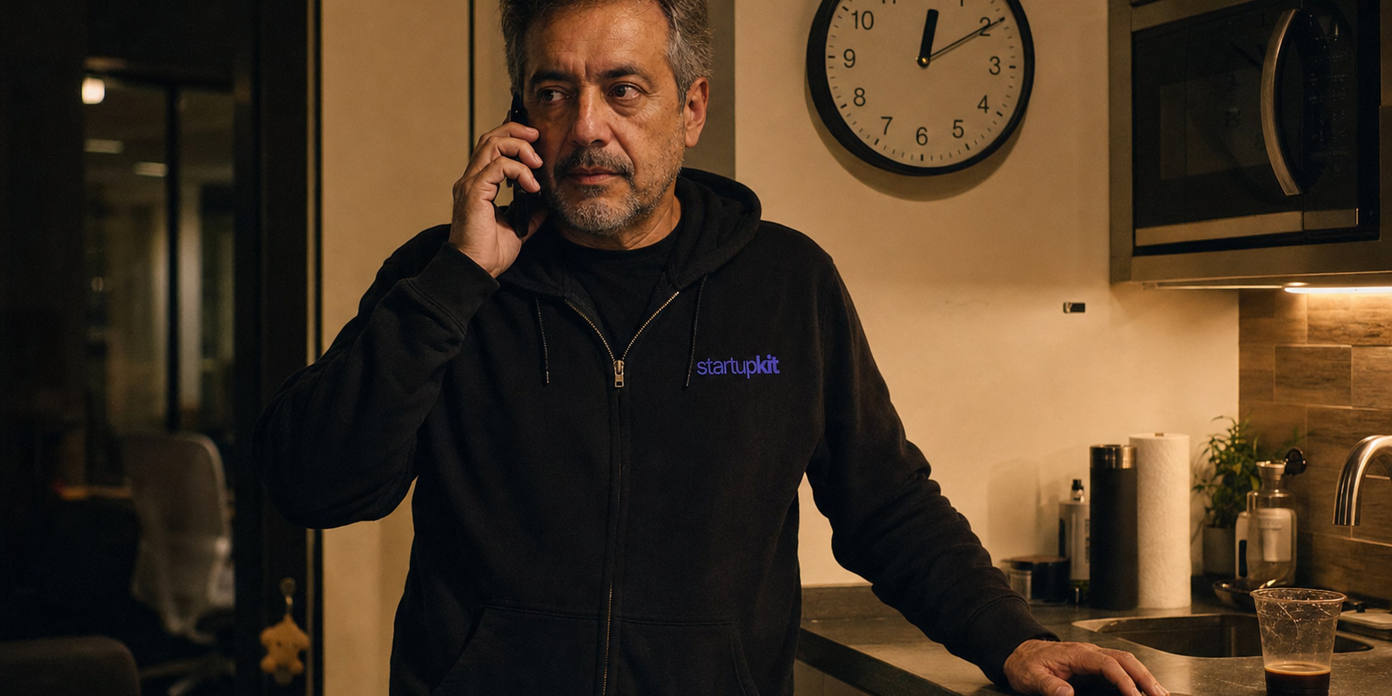 A security lead in his early fifties alone in an office kitchenette late at night, phone to his ear coordinating with another vendor, a closed laptop and cold coffee on the counter and a plain wall clock past midnight behind him