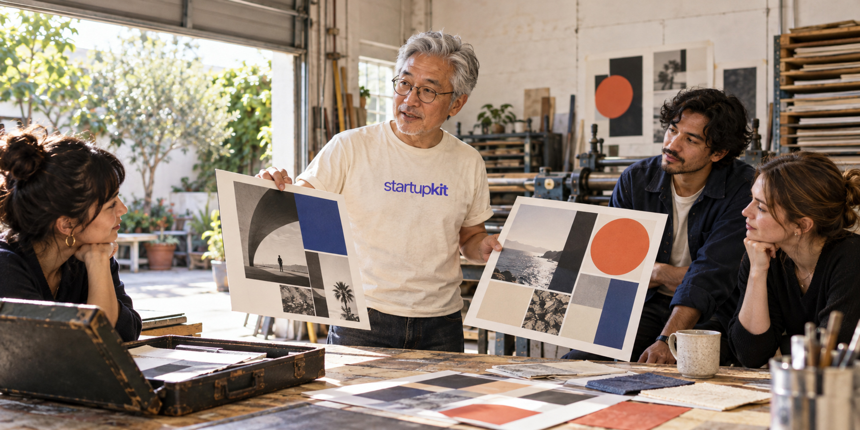 An experienced designer presents printed portfolio boards to three colleagues in a sunlit Los Angeles print studio.