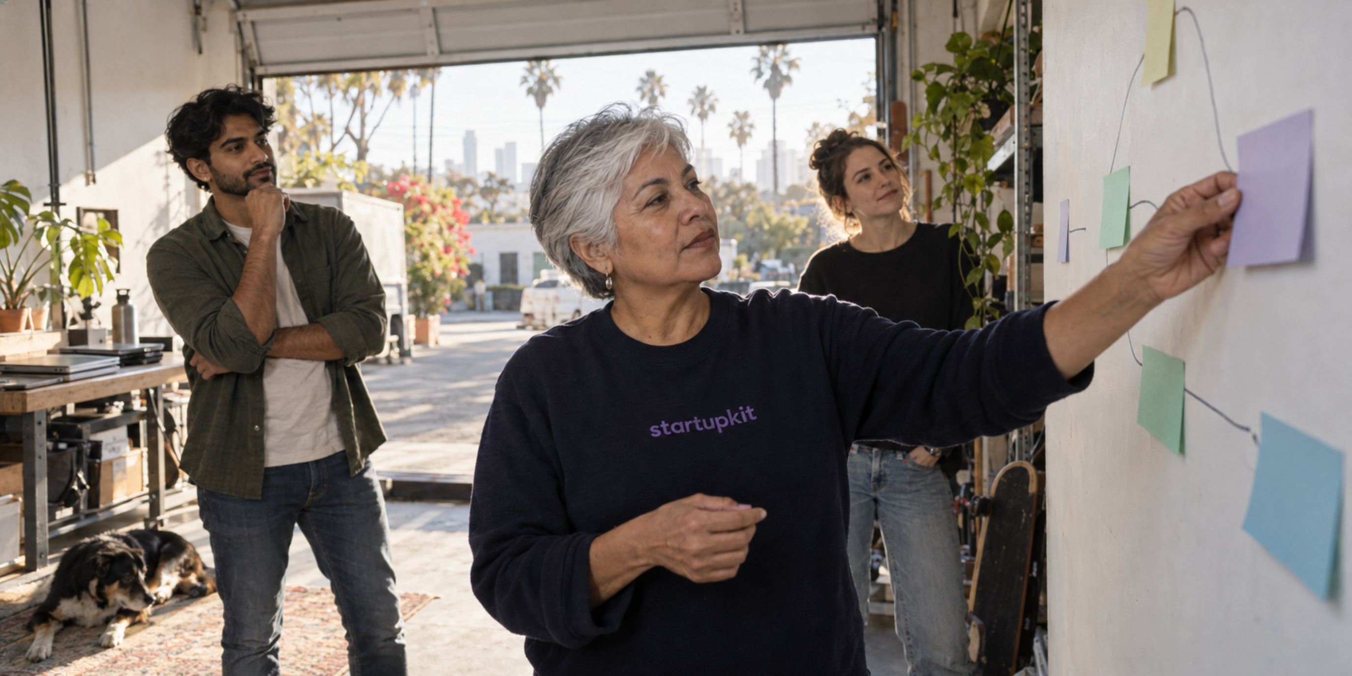 A silver-haired woman in a startupkit sweater planning a software migration with two colleagues in an open LA garage studio.