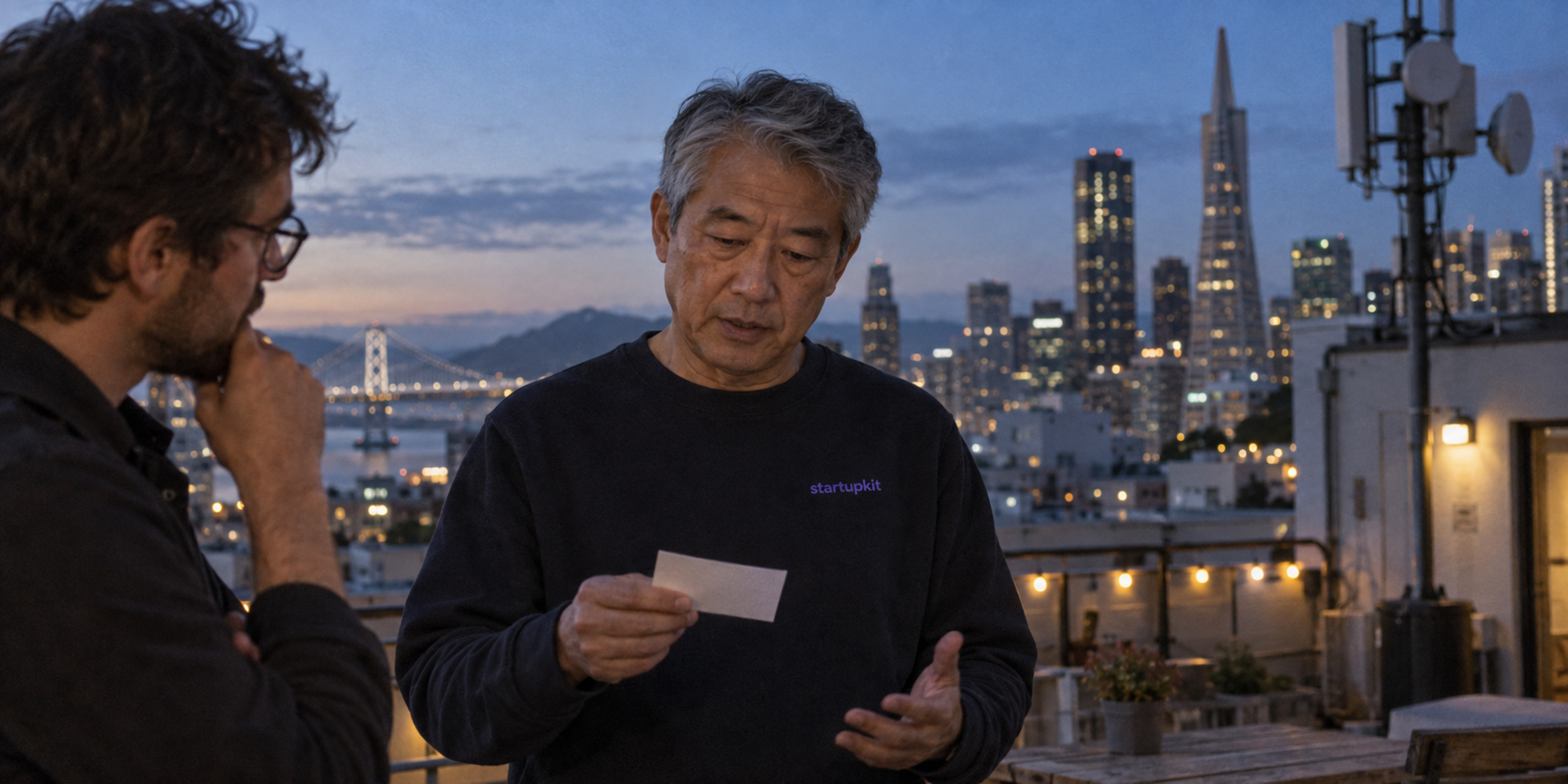 An older security lead reviews incident notes with a colleague on a San Francisco rooftop.
