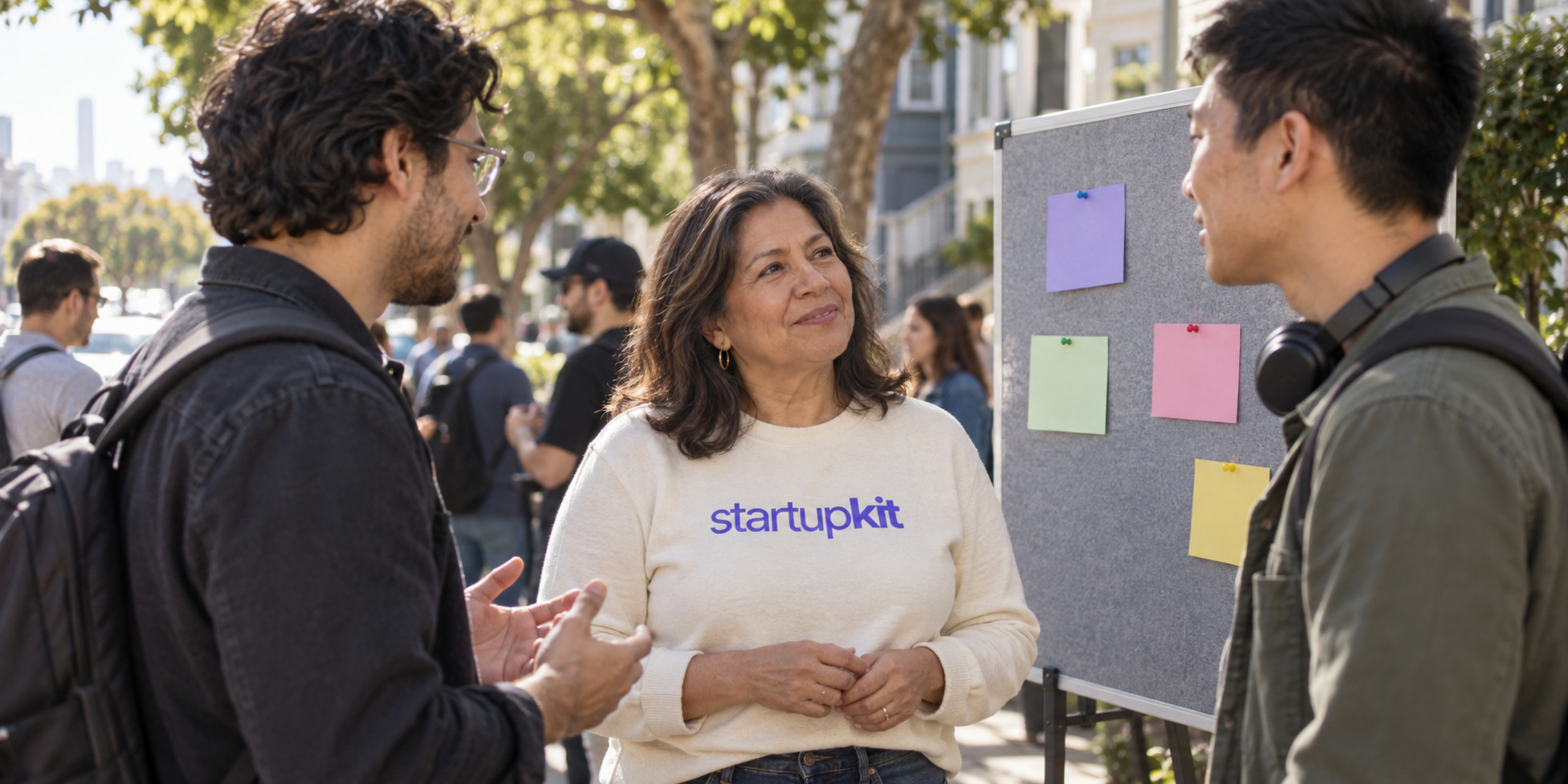A hiring lead speaking with engineers at an outdoor developer meetup beside a blank pinboard