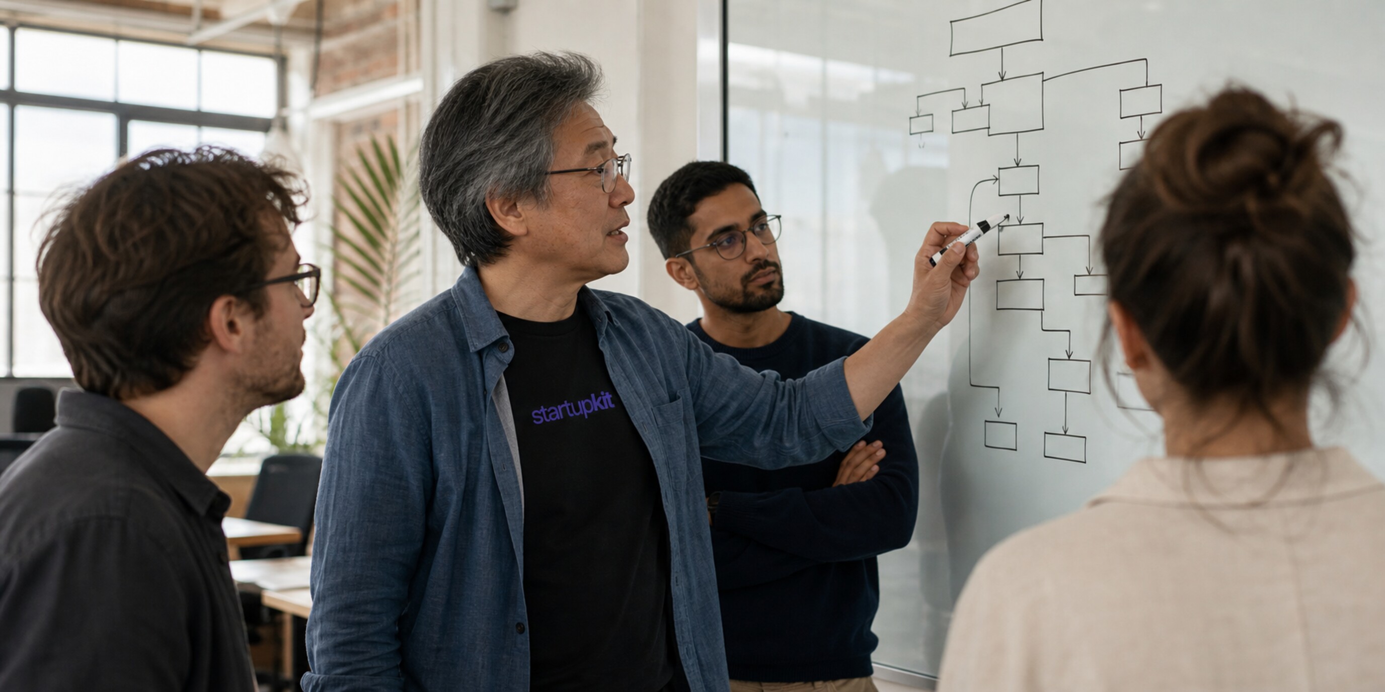 Four developers mapping an XML invoice schema on a glass board