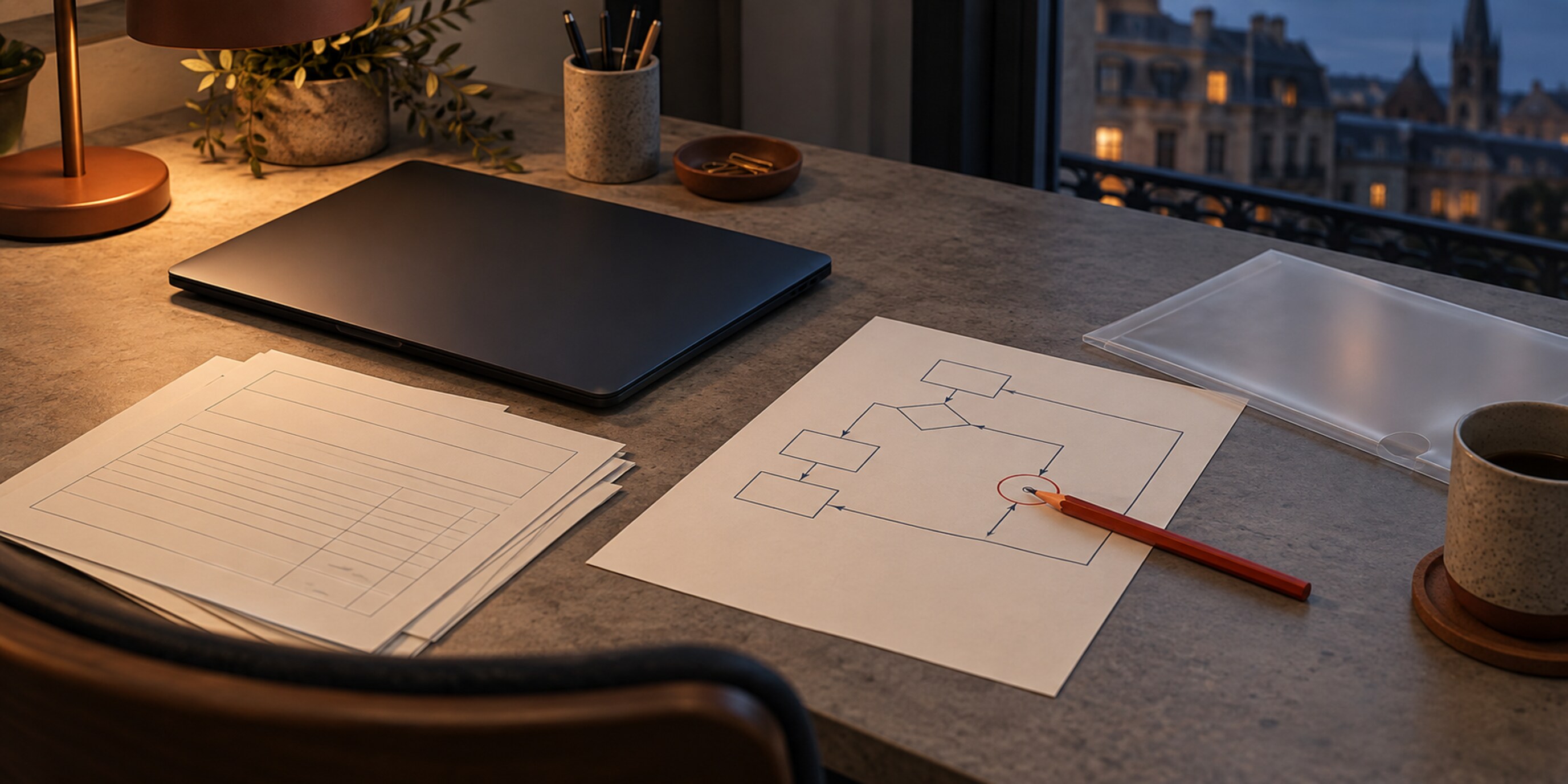 Blank invoice sheets and a pencil marking a point in a reporting flow beside a closed laptop