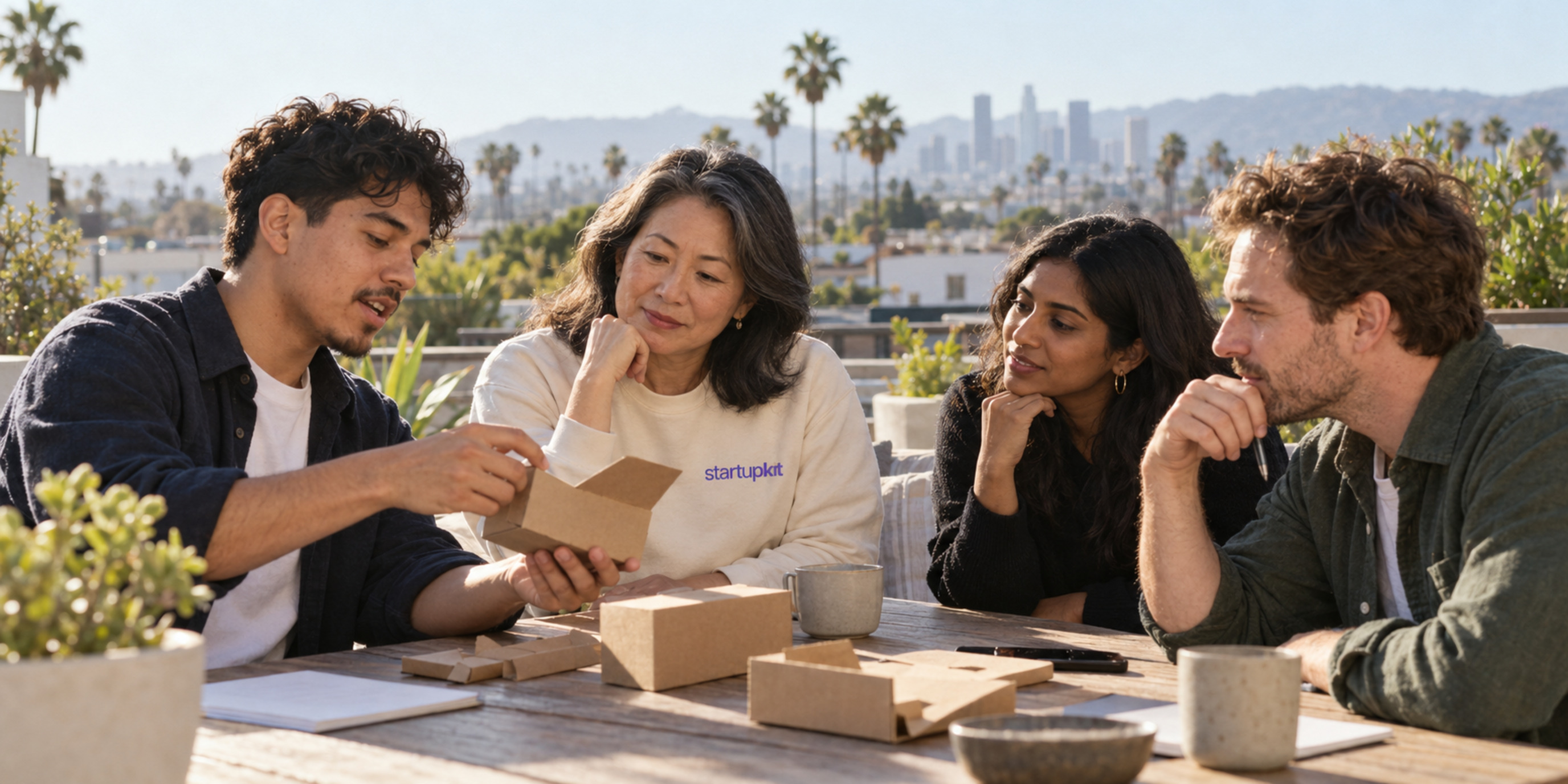 A founder and three teammates discuss a cardboard prototype on a sunny Los Angeles rooftop.
