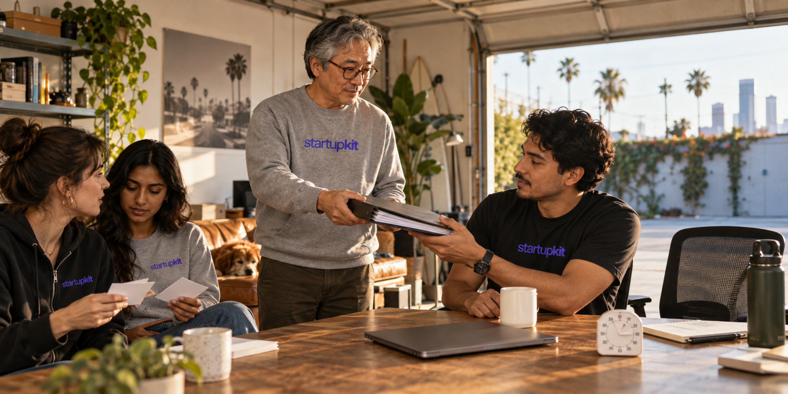 Four startup colleagues rehearse a founder handoff in a garage studio, with an empty chair and a closed laptop.