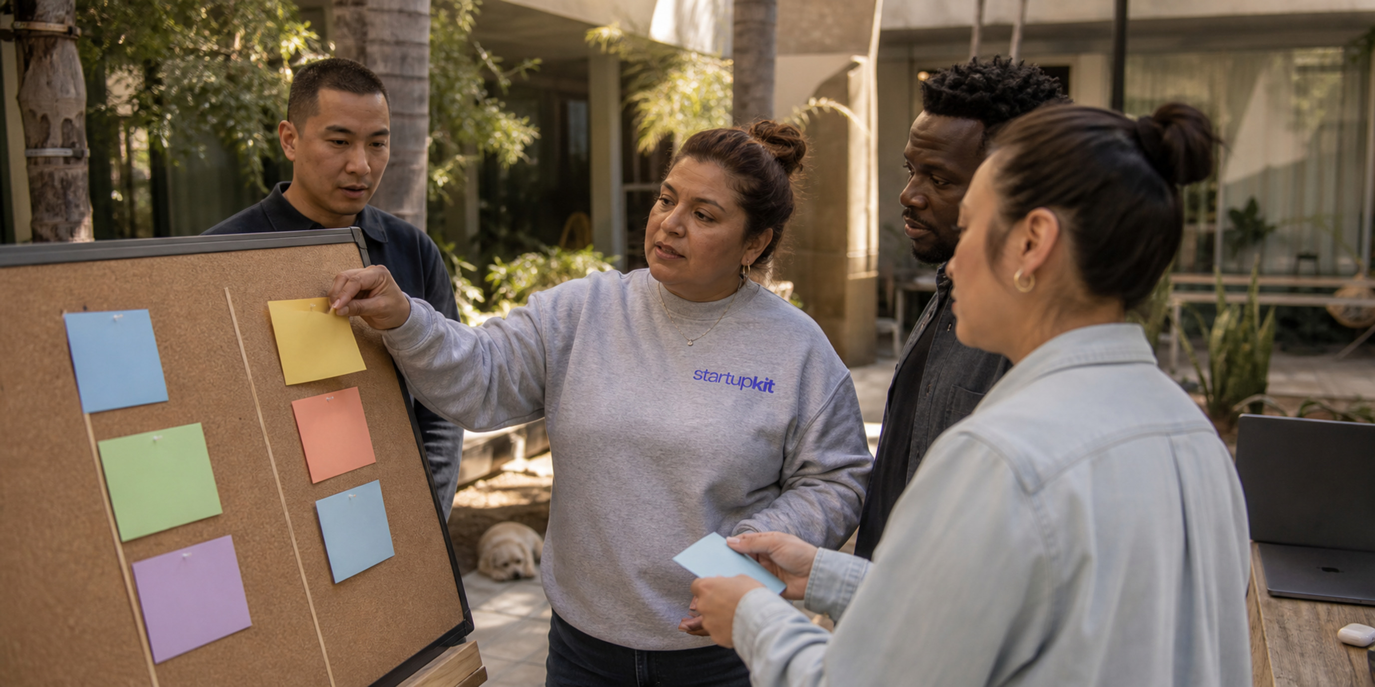 Startup hiring team sorting vacancy-status cards on a sunlit courtyard corkboard
