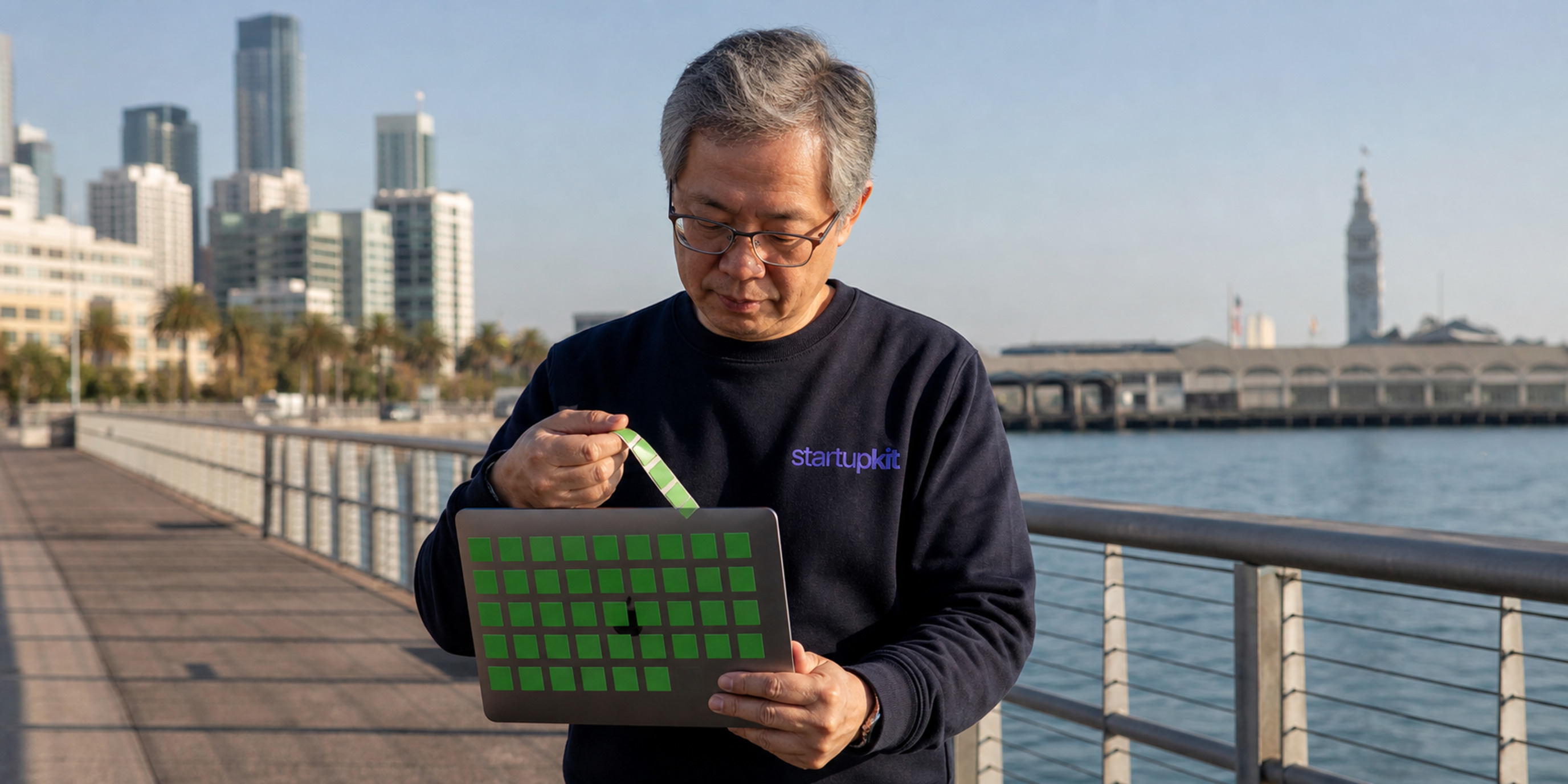 An engineering manager examining a GitHub contribution graph beside a printed six-criterion portfolio review rubric at a sunlit desk