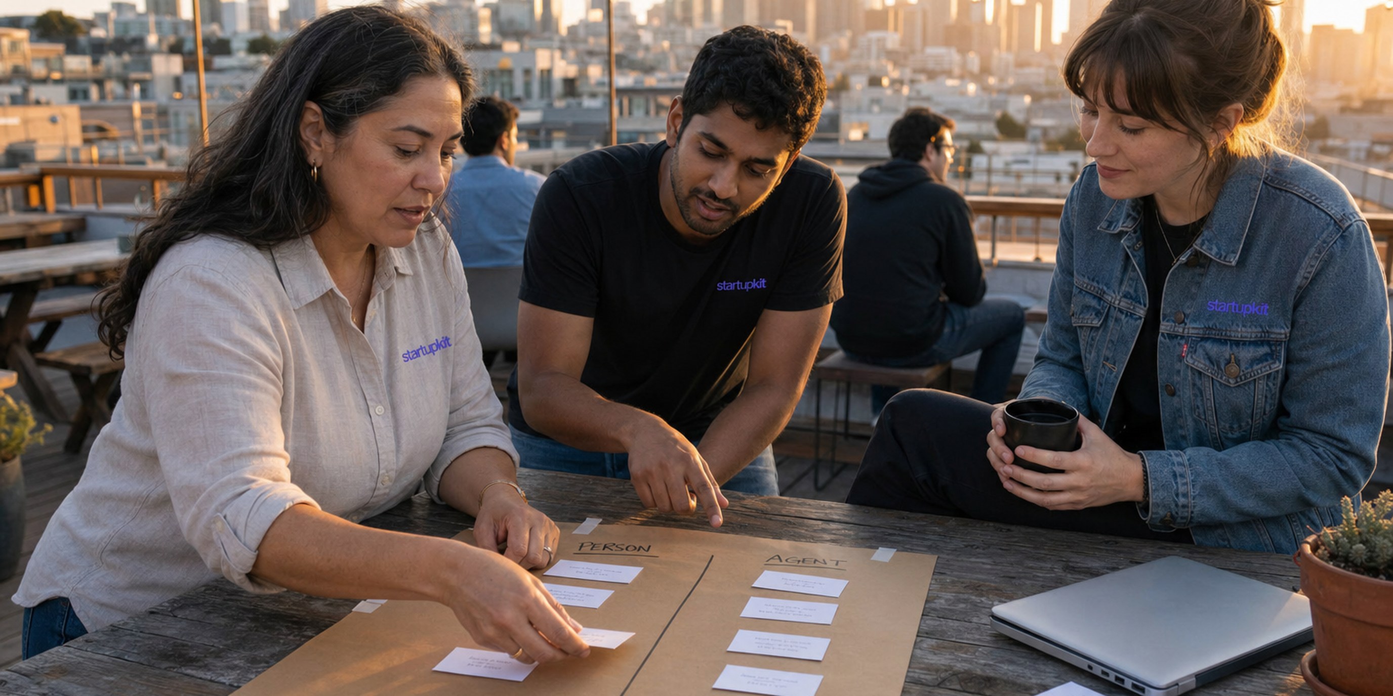 Three startup colleagues on a golden-hour San Francisco rooftop deck sorting handwritten index cards into two hand-marked columns on butcher paper, PERSON on the left and AGENT on the right, beside a closed laptop and a printed one-page job requisition