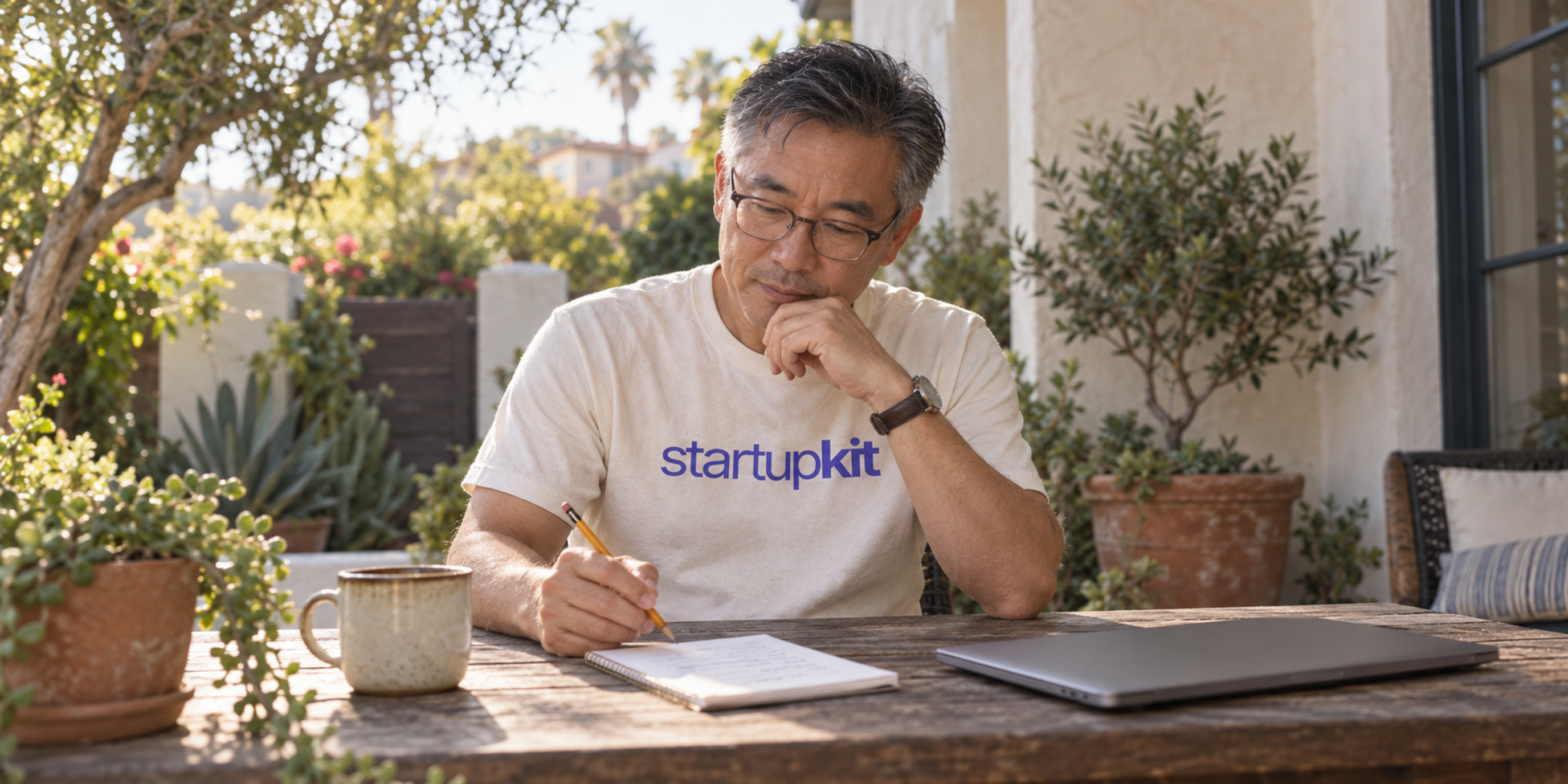 Founder reviewing a handwritten hiring and security briefing beside a closed laptop