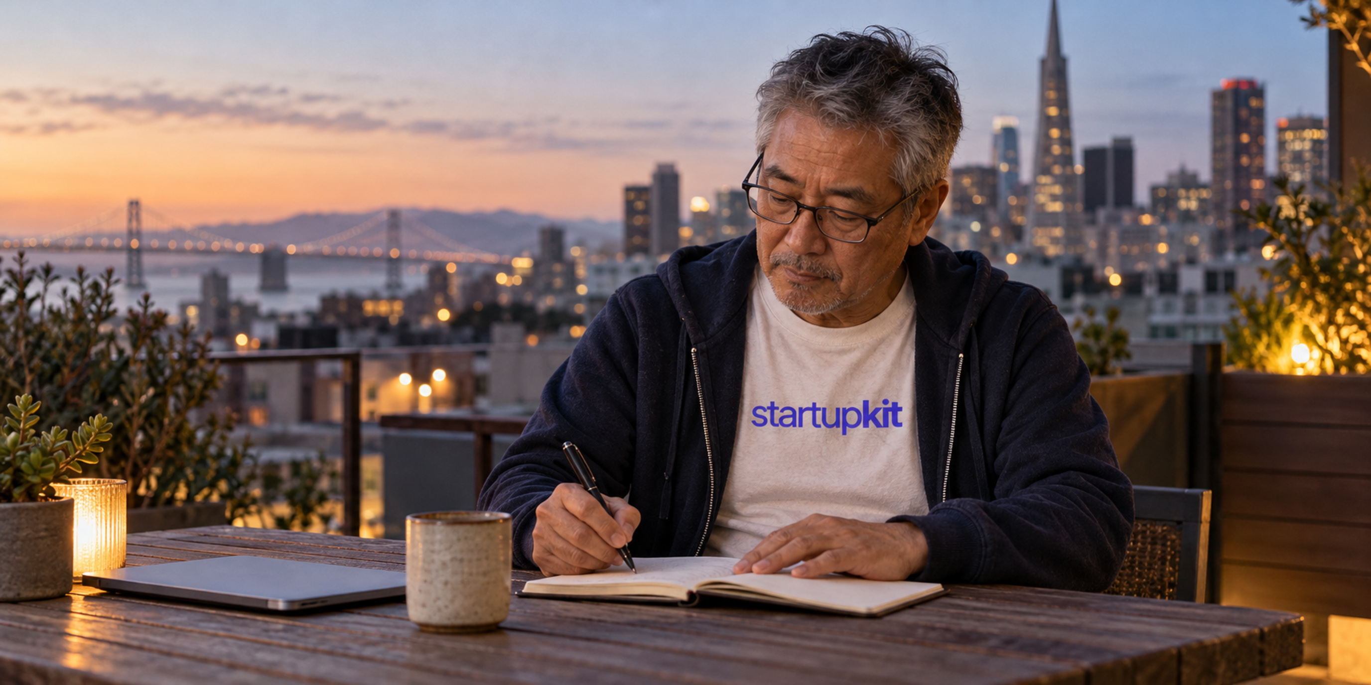 An older man wearing glasses and a startupkit T-shirt writes in a notebook beside a closed laptop on a San Francisco rooftop at dusk.