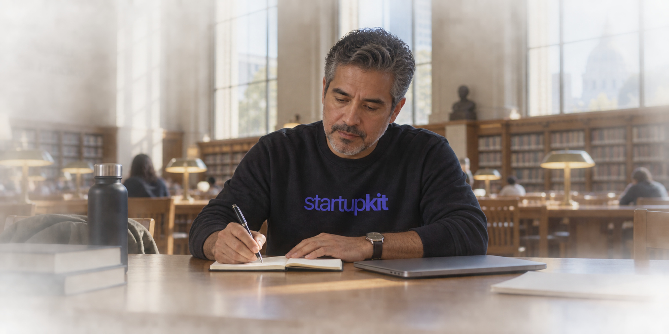 A senior recruiter writes a personal note in a San Francisco library beside a closed laptop