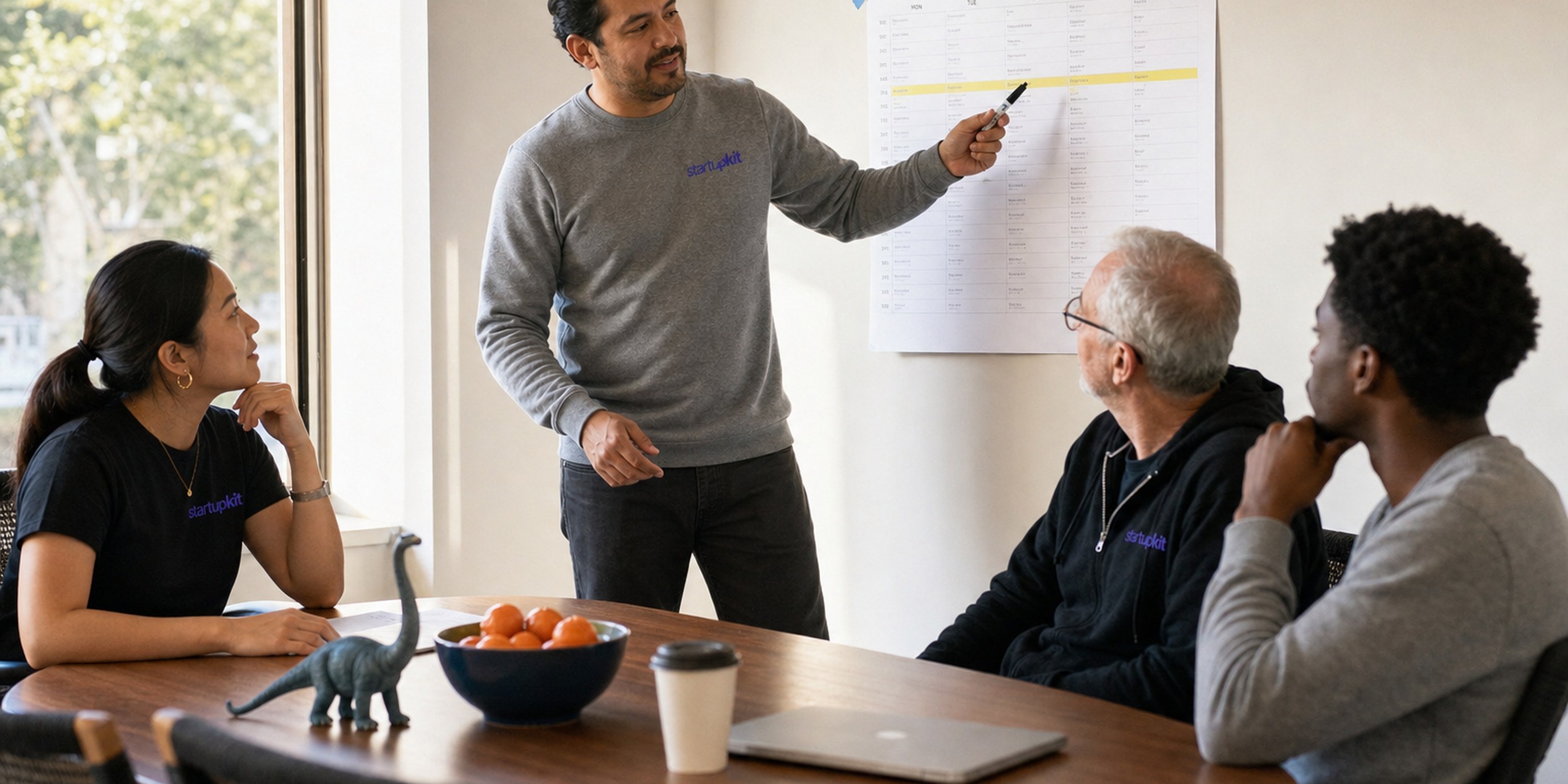 A hiring manager mid-sentence at the wall of a small daylit meeting room, pointing a marker at a printed week grid where one row is highlighted in yellow, three colleagues of different ages watching from the table