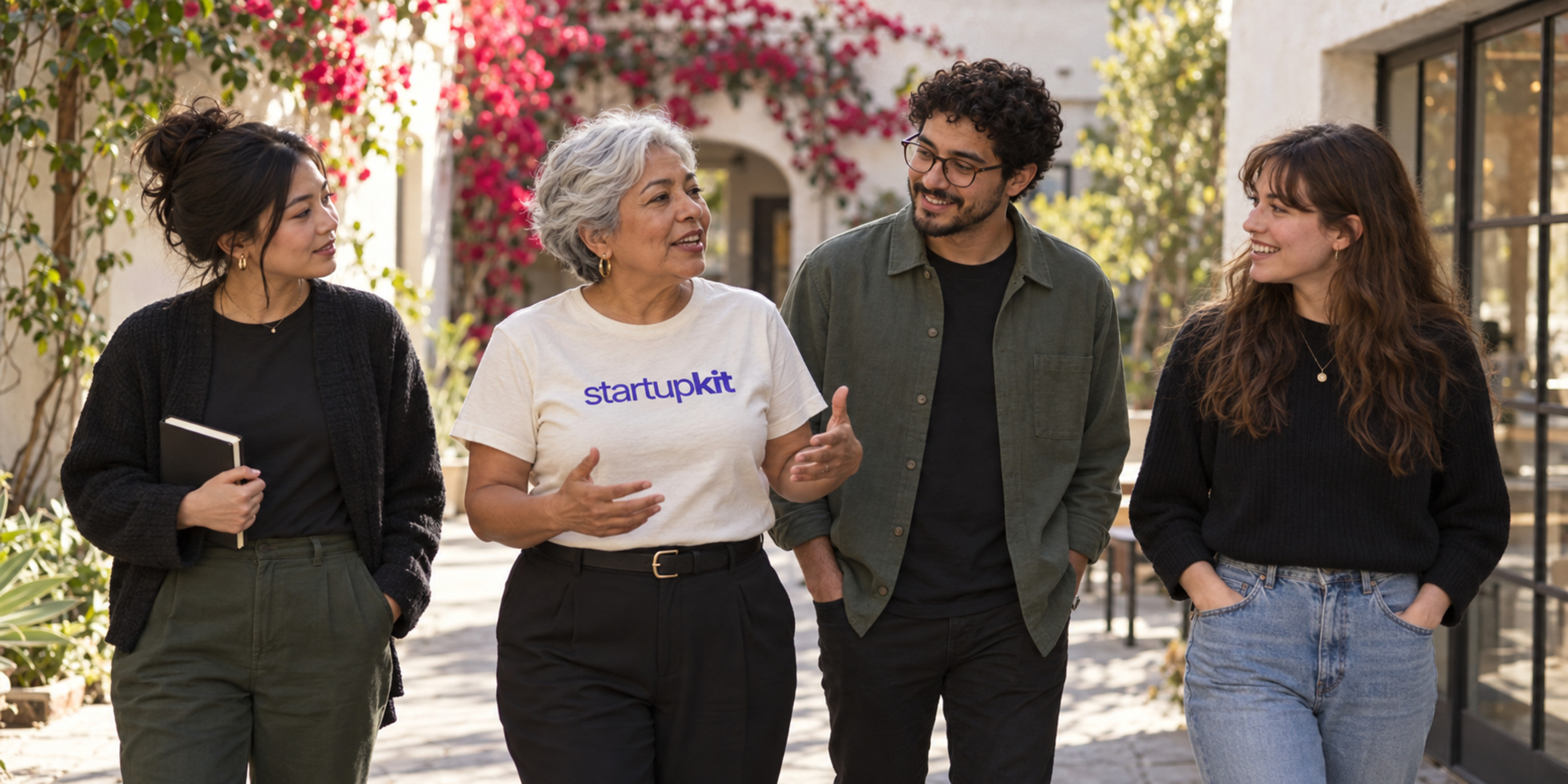 A silver-haired Latina woman talks with three colleagues in a Los Angeles startup courtyard, wearing a cream shirt with an indigo startupkit logo.