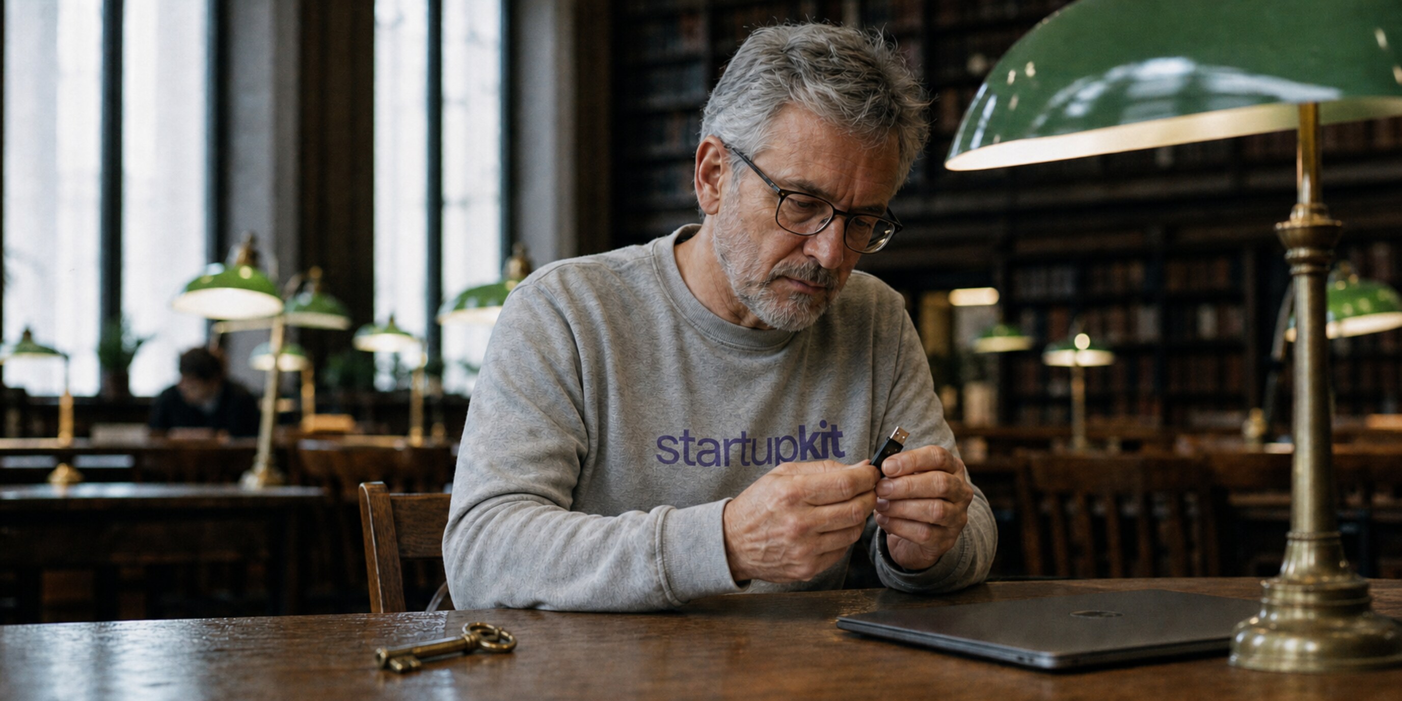 Senior engineer examining a hardware security key beside a closed laptop in a library