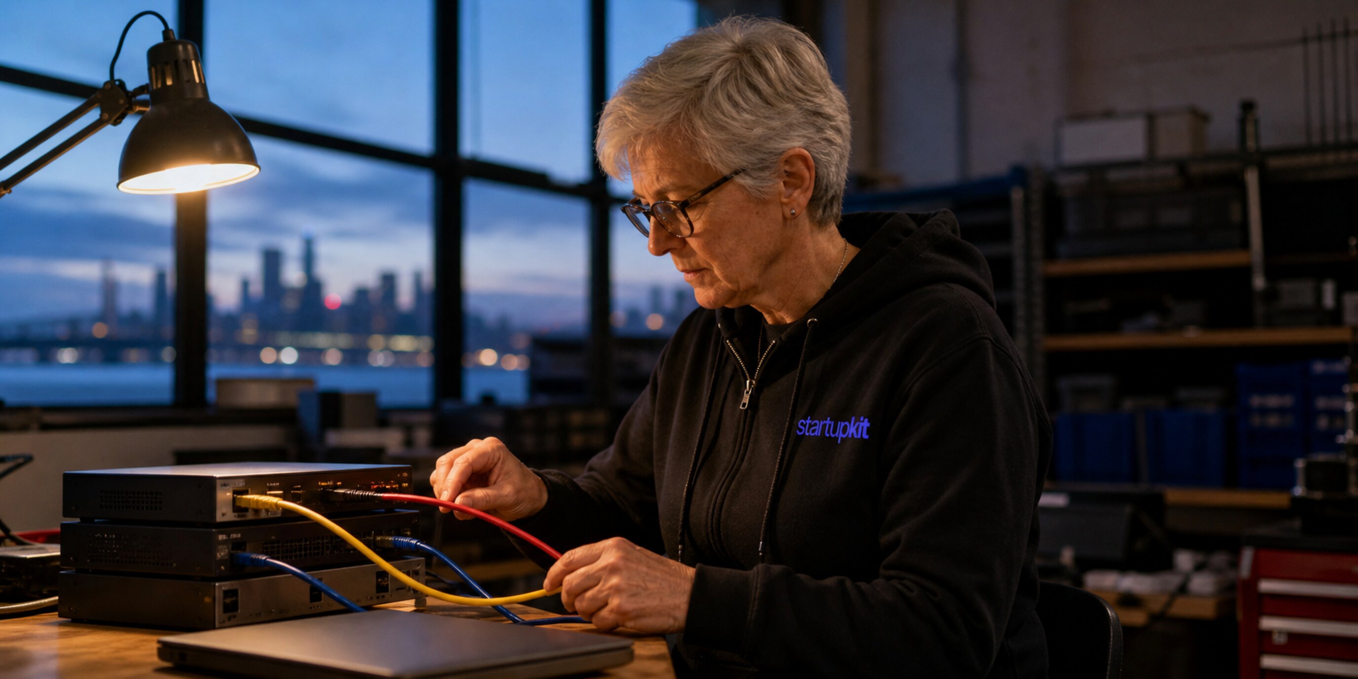 A senior integration engineer tracing red, yellow, and blue network cables between devices in a blue-hour maker lab