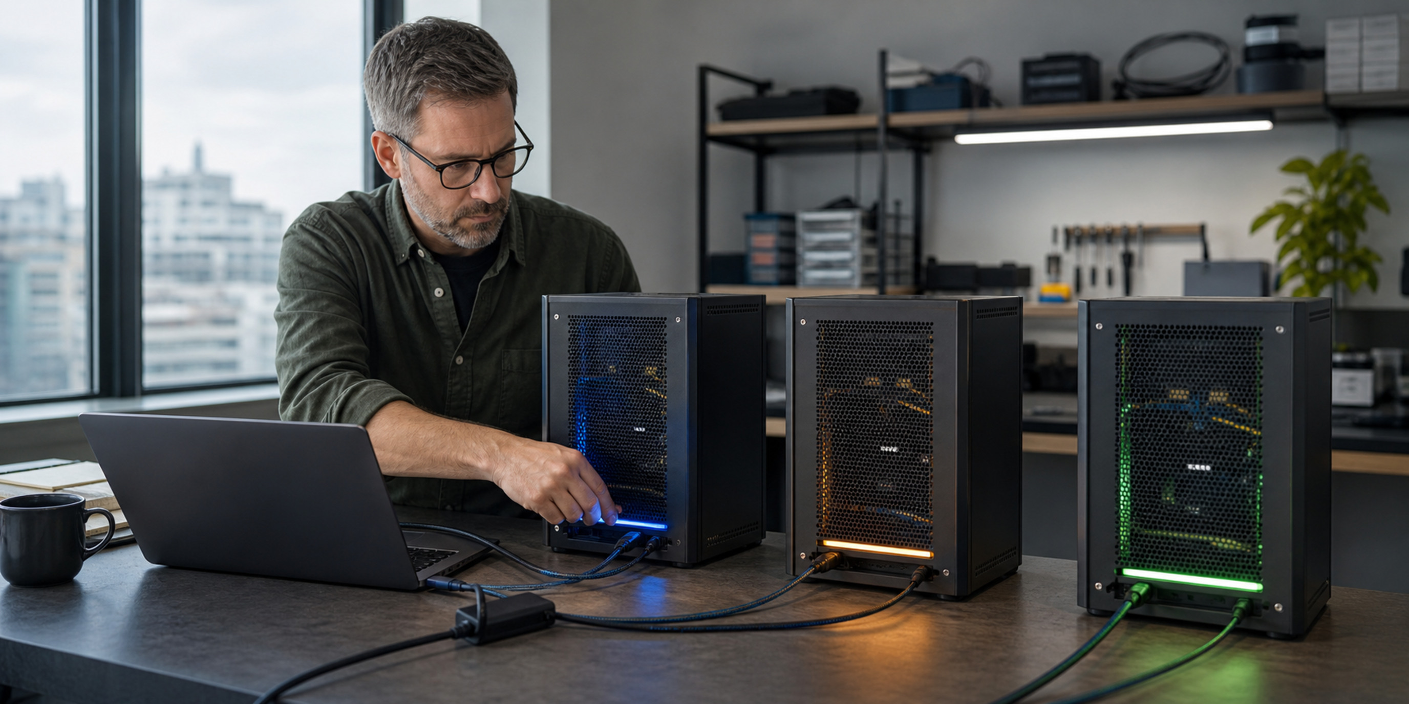 Engineer routing three color-coded data paths through isolated test, demo, and production systems