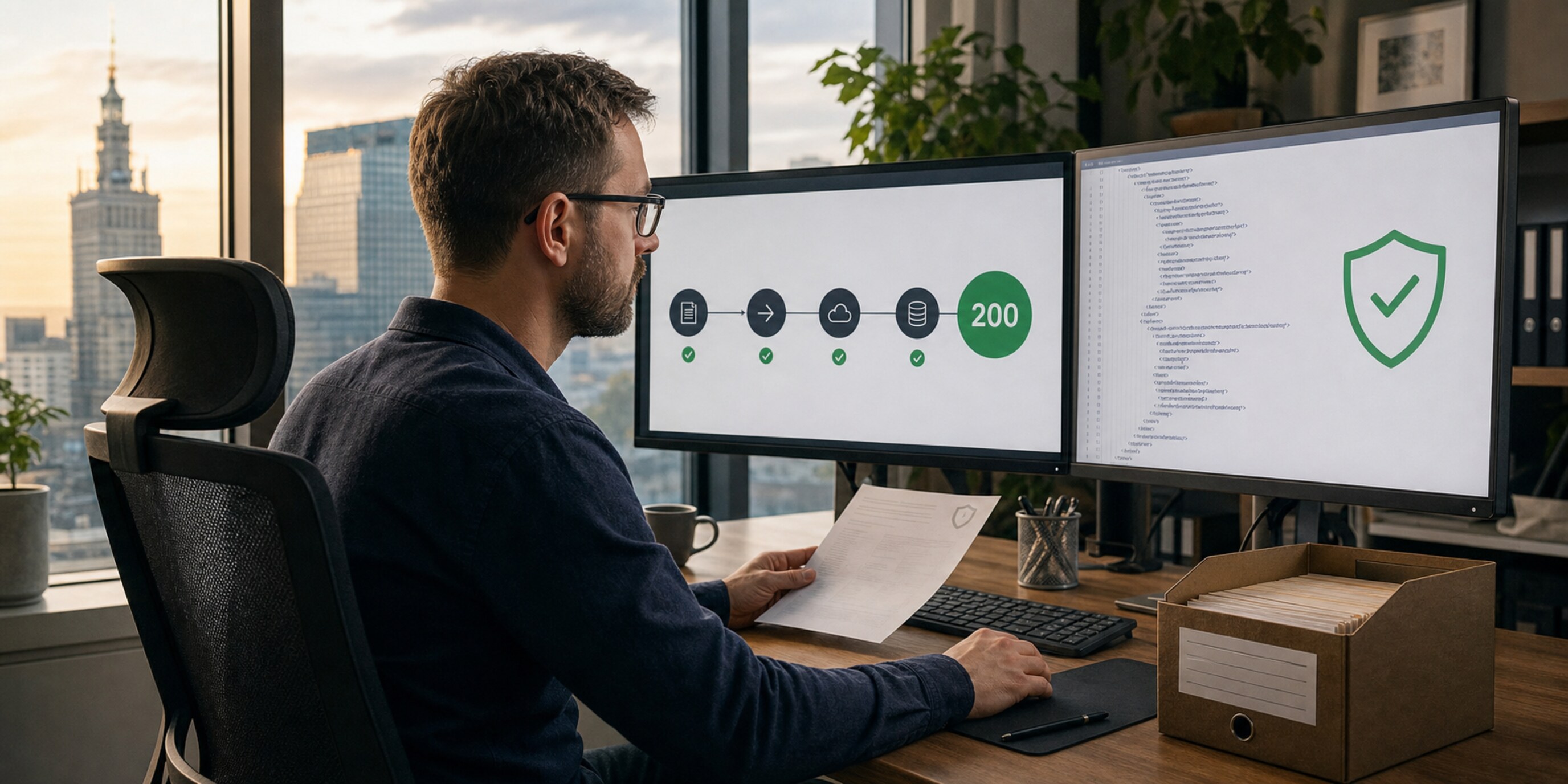 Polish software engineer in a Warsaw office reviewing a green 200 invoice status and verified XML receipt beside an archive box