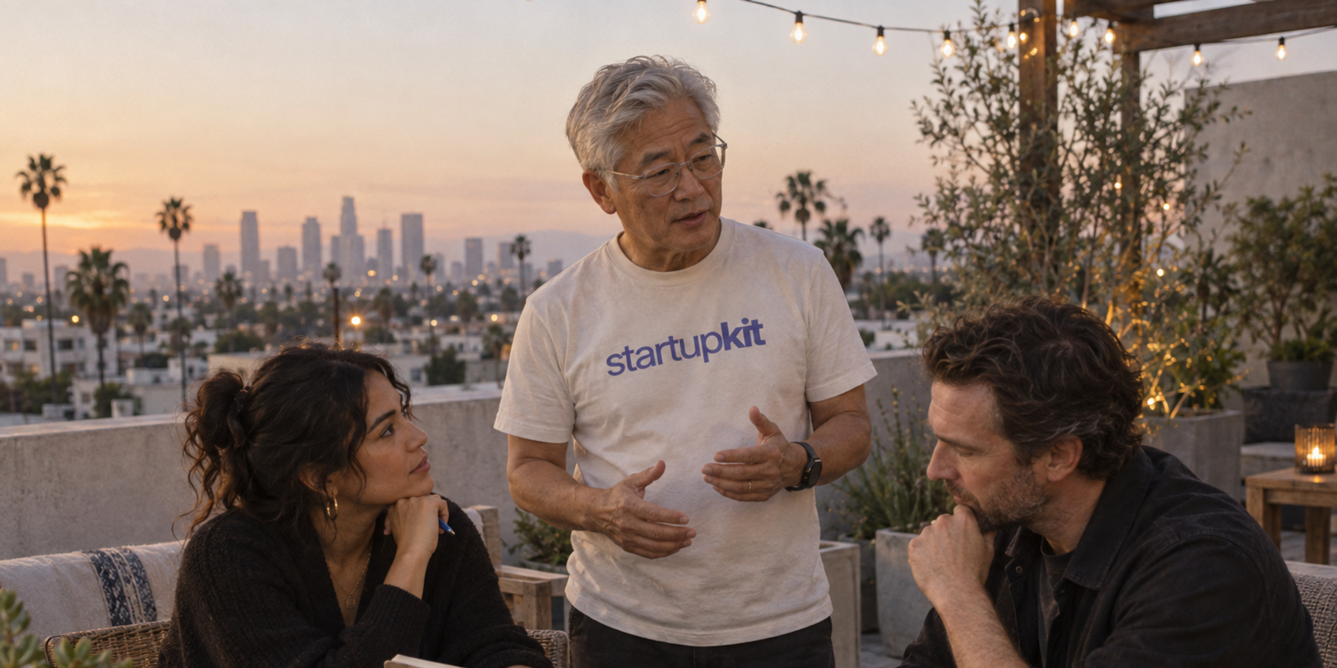 An older Korean security lead and two colleagues review incident notes on a Los Angeles rooftop at dusk.