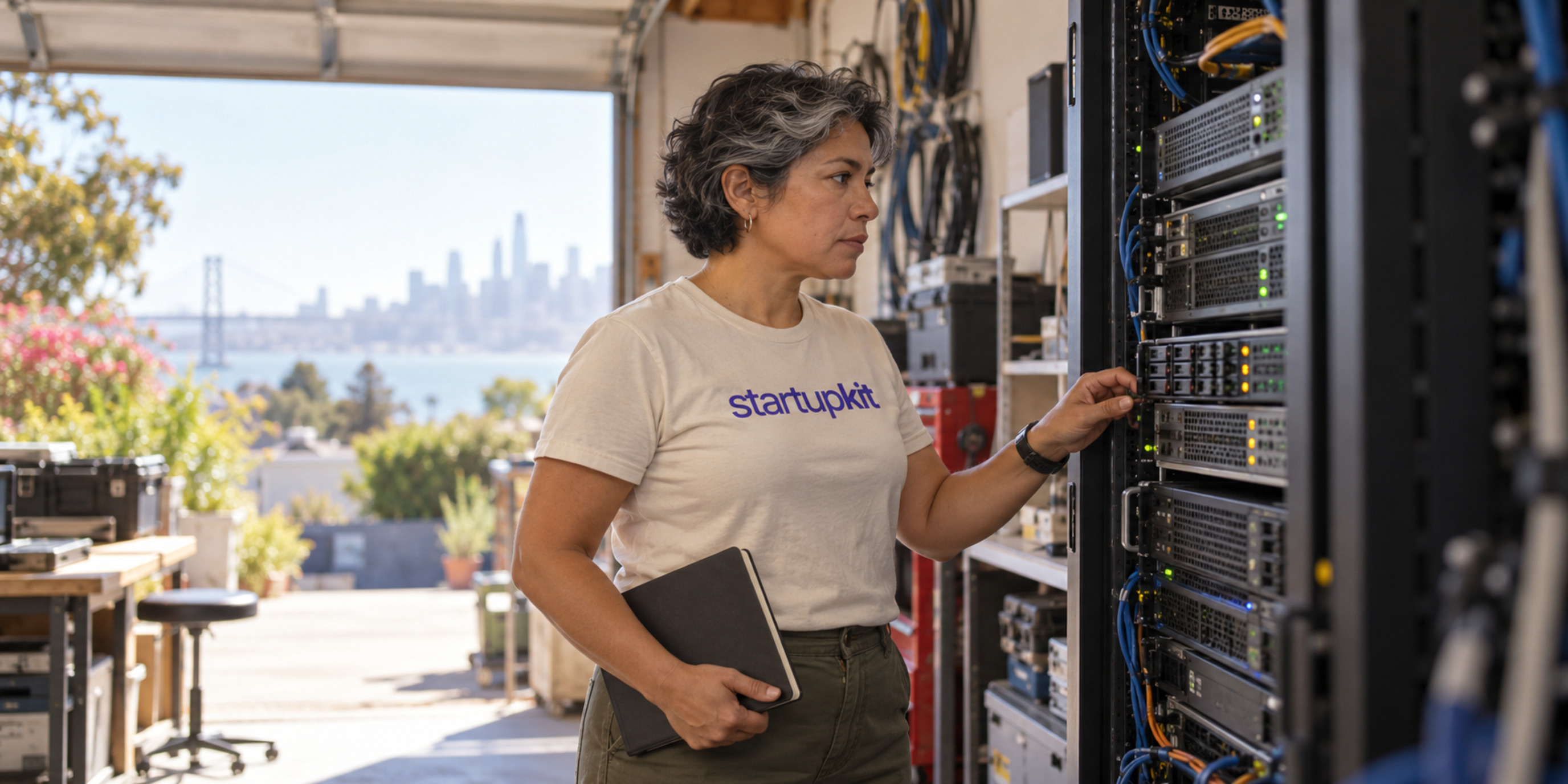A senior infrastructure engineer checks a server rack beside the open door of a California garage workspace.