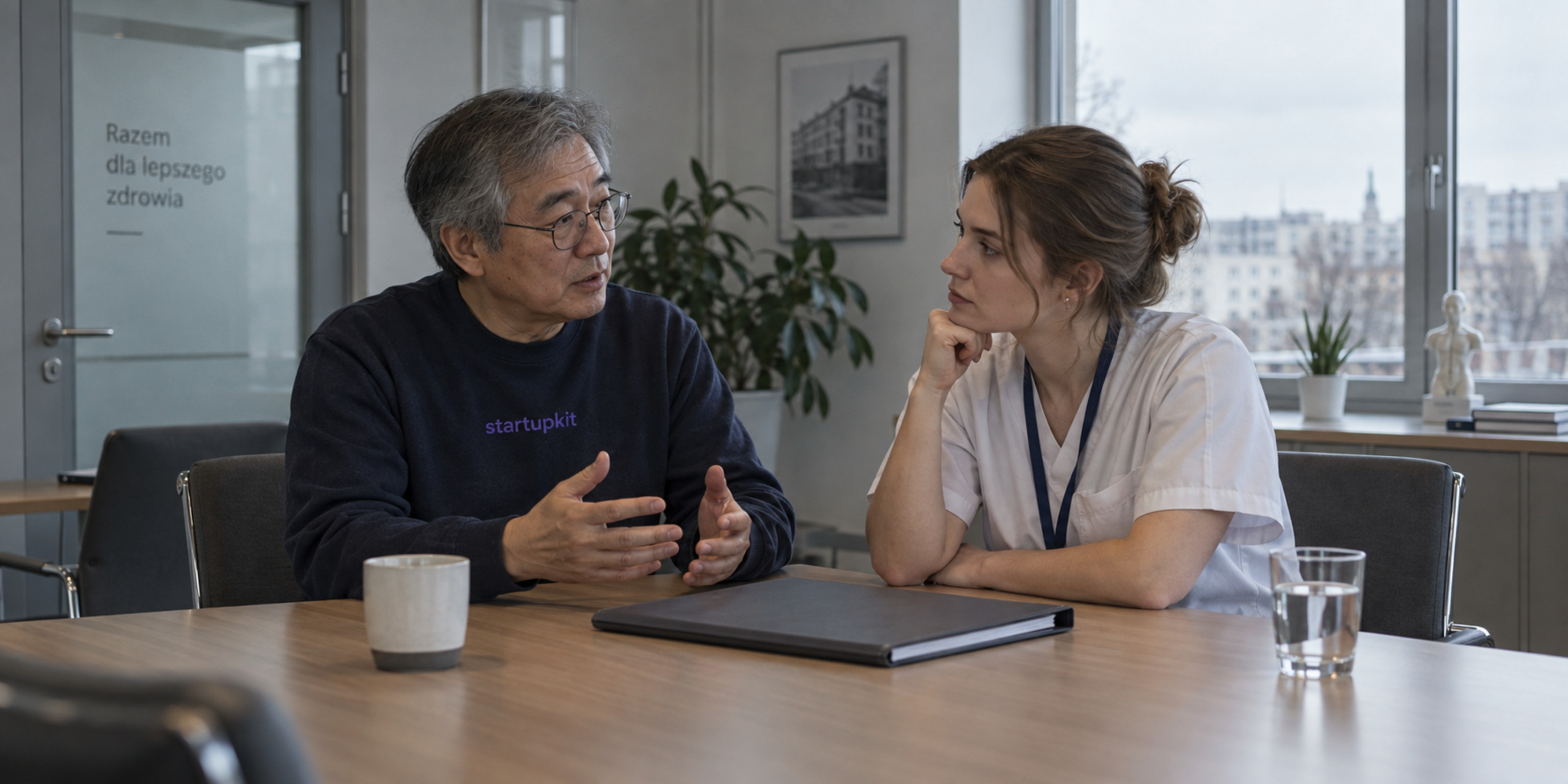 A senior security engineer in a quiet clinic office reviewing a closed incident folder with a colleague, with no patient records visible