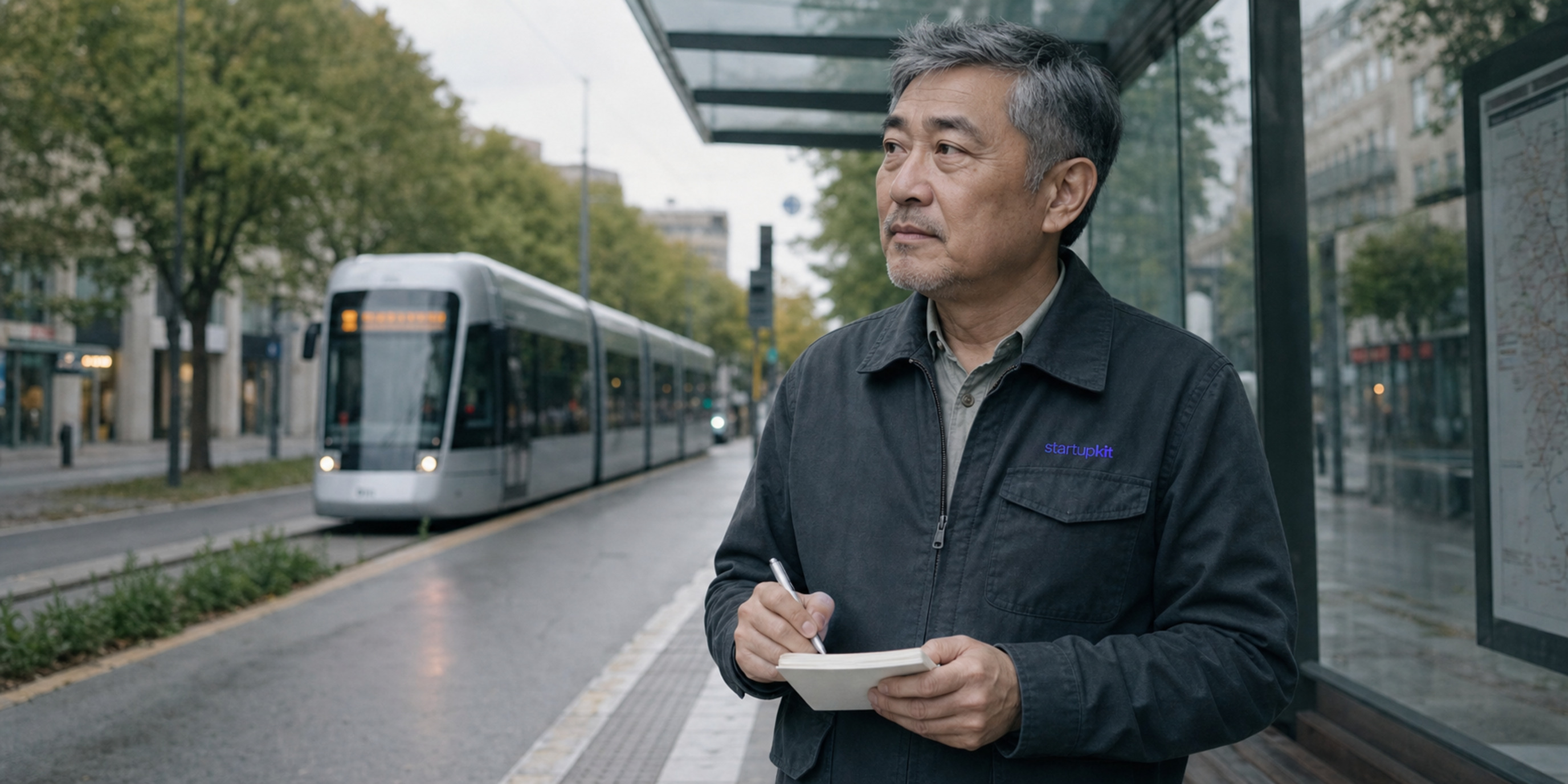 An older East Asian startup founder waiting at an outdoor tram stop with a notebook and a modest startupkit wordmark on his jacket