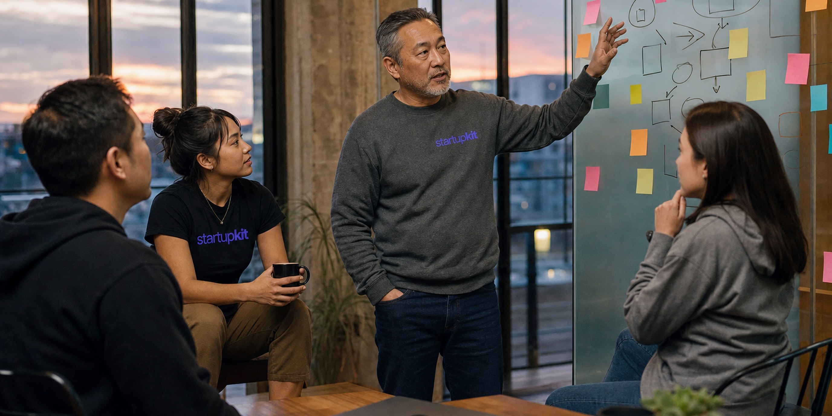 Security lead in his fifties briefing three colleagues at a marker-covered glass wall in a Dogpatch warehouse loft at dusk, a closed laptop on the table