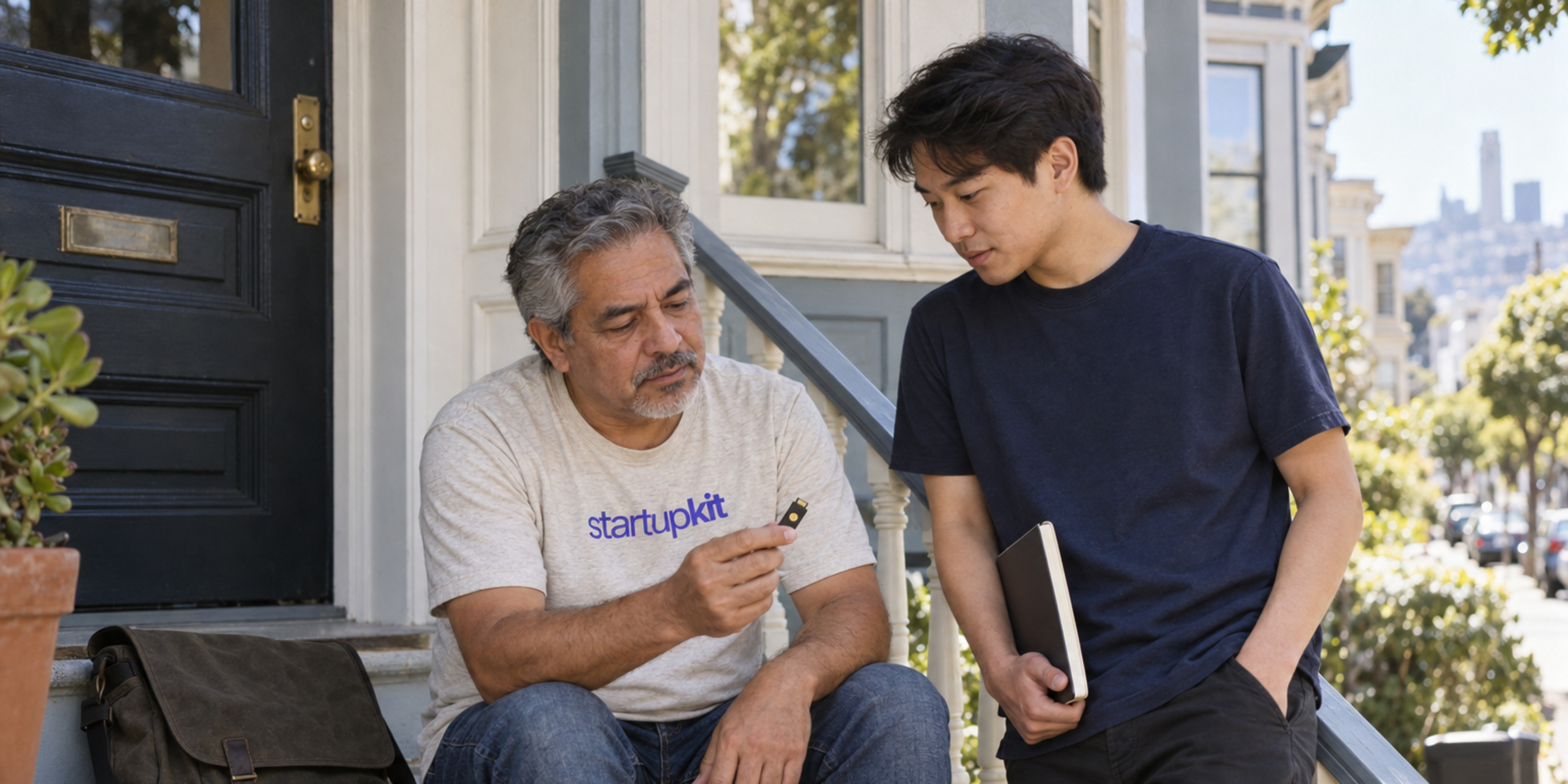 Two colleagues on front steps examining a security key, with one holding a notebook