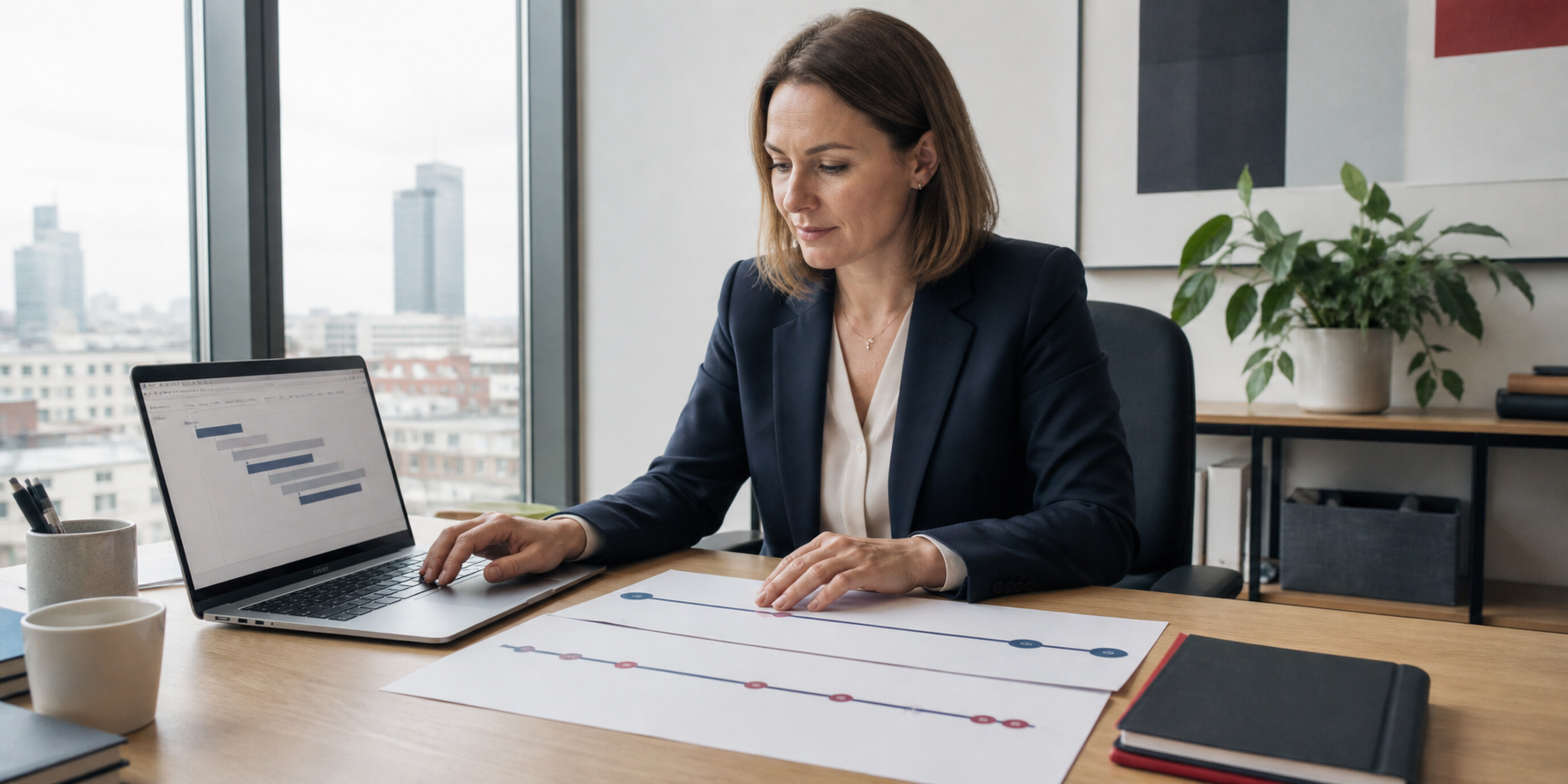 Polish HR lead reviewing two compliance timelines beside a laptop with a salary-band chart in a Warsaw office