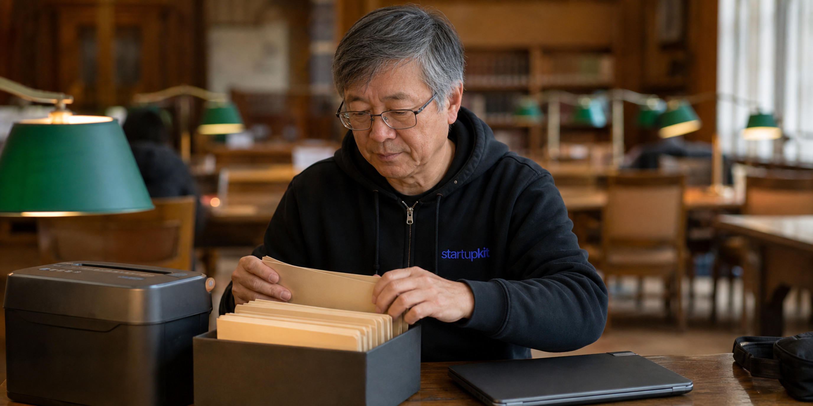 Canadian privacy lead sorting candidate files into an archive box beside a document shredder