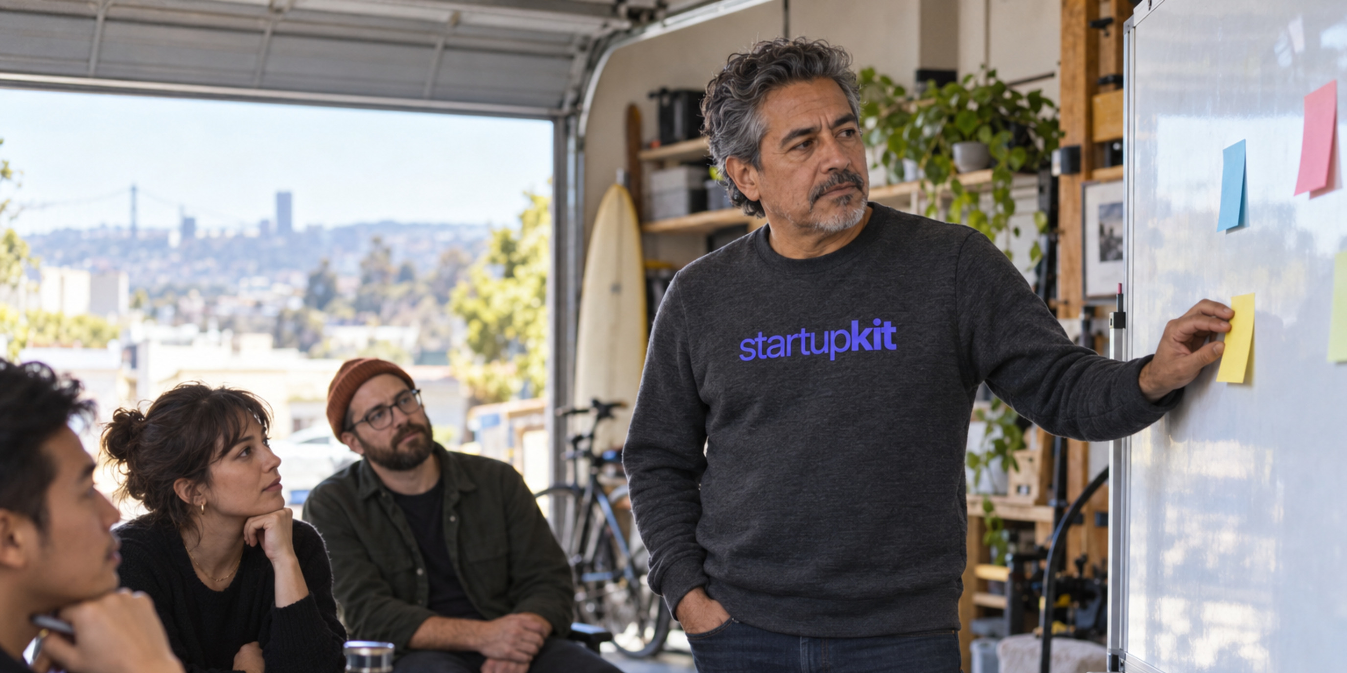 A startup founder discussing a customer workflow at a whiteboard with three colleagues in a sunlit garage studio