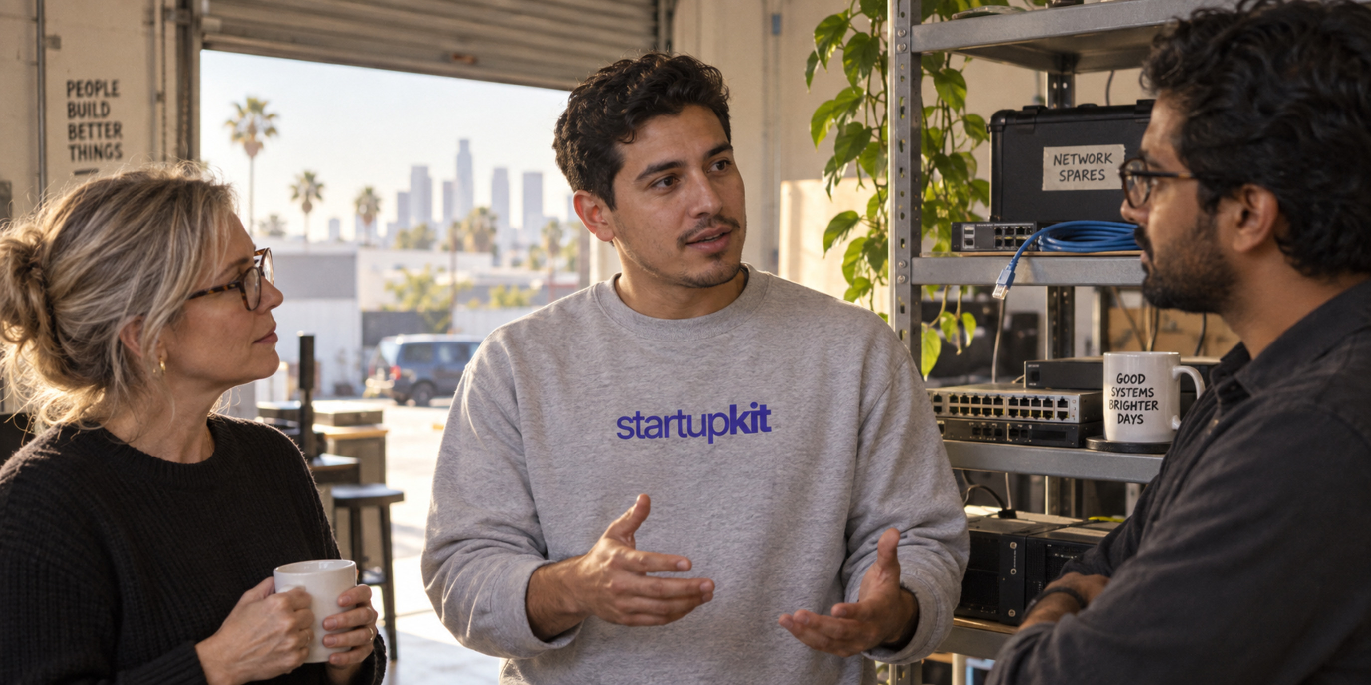 Three startup coworkers discussing operations beside networking equipment in an open Los Angeles garage