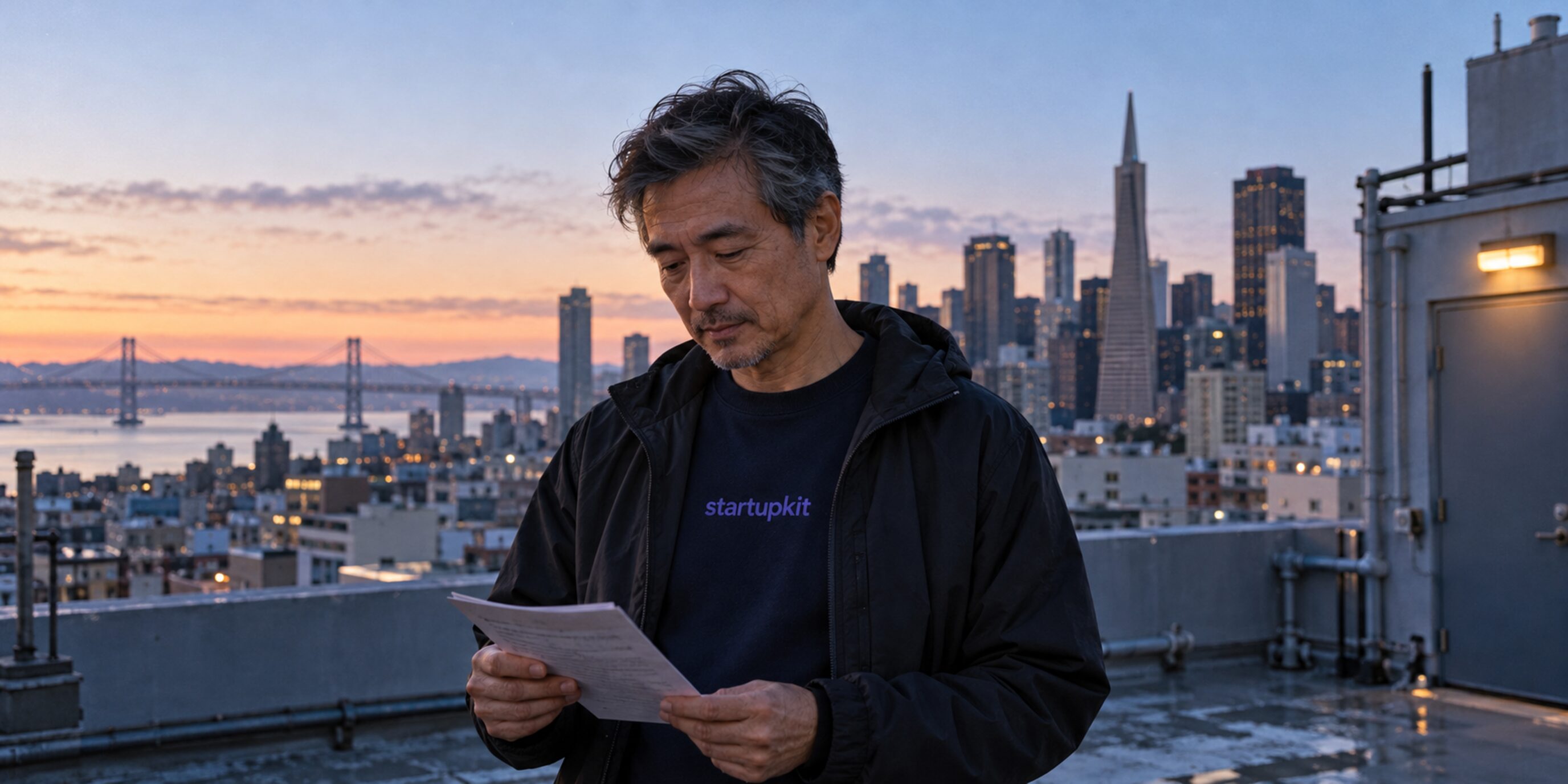 An older East Asian man wearing a StartupKit sweatshirt reads a paper checklist on a San Francisco rooftop at dawn.