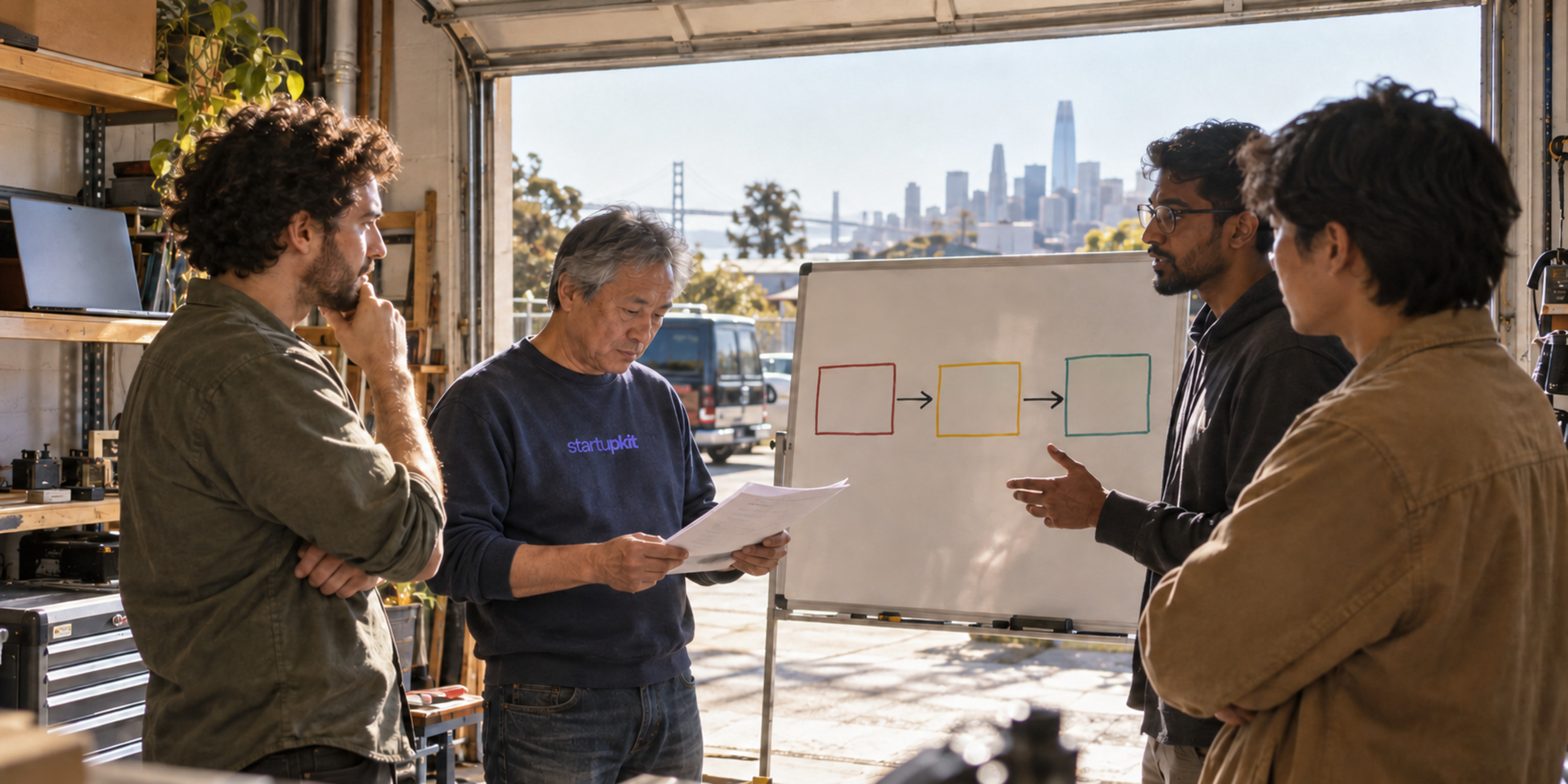 Four engineers in a sunlit garage review a three-box release board beside a closed laptop.