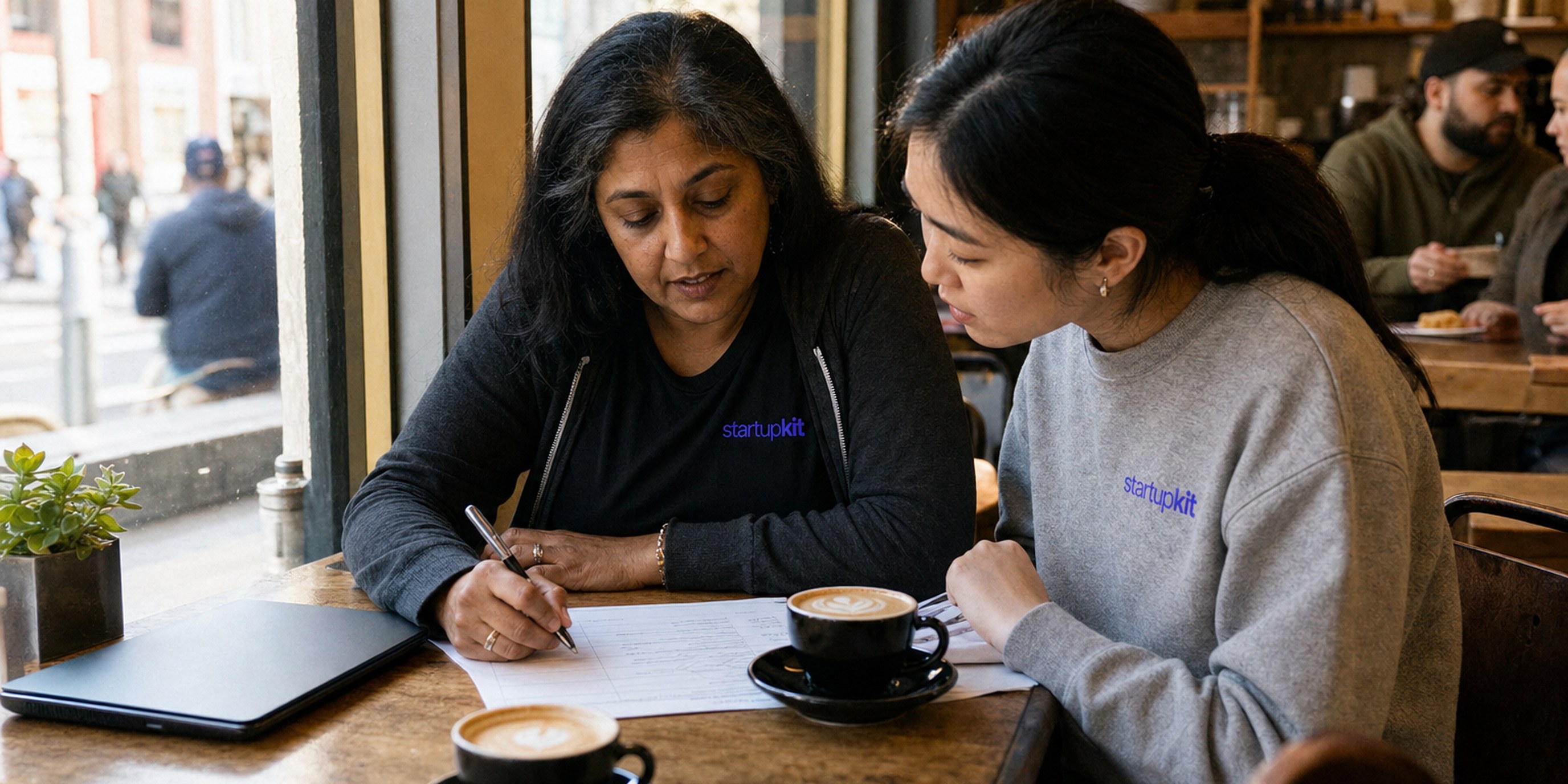 A woman engineering lead and a colleague at a sunlit cafe table marking up a printed interview loop, with one round circled AI allowed and the next labeled no AI