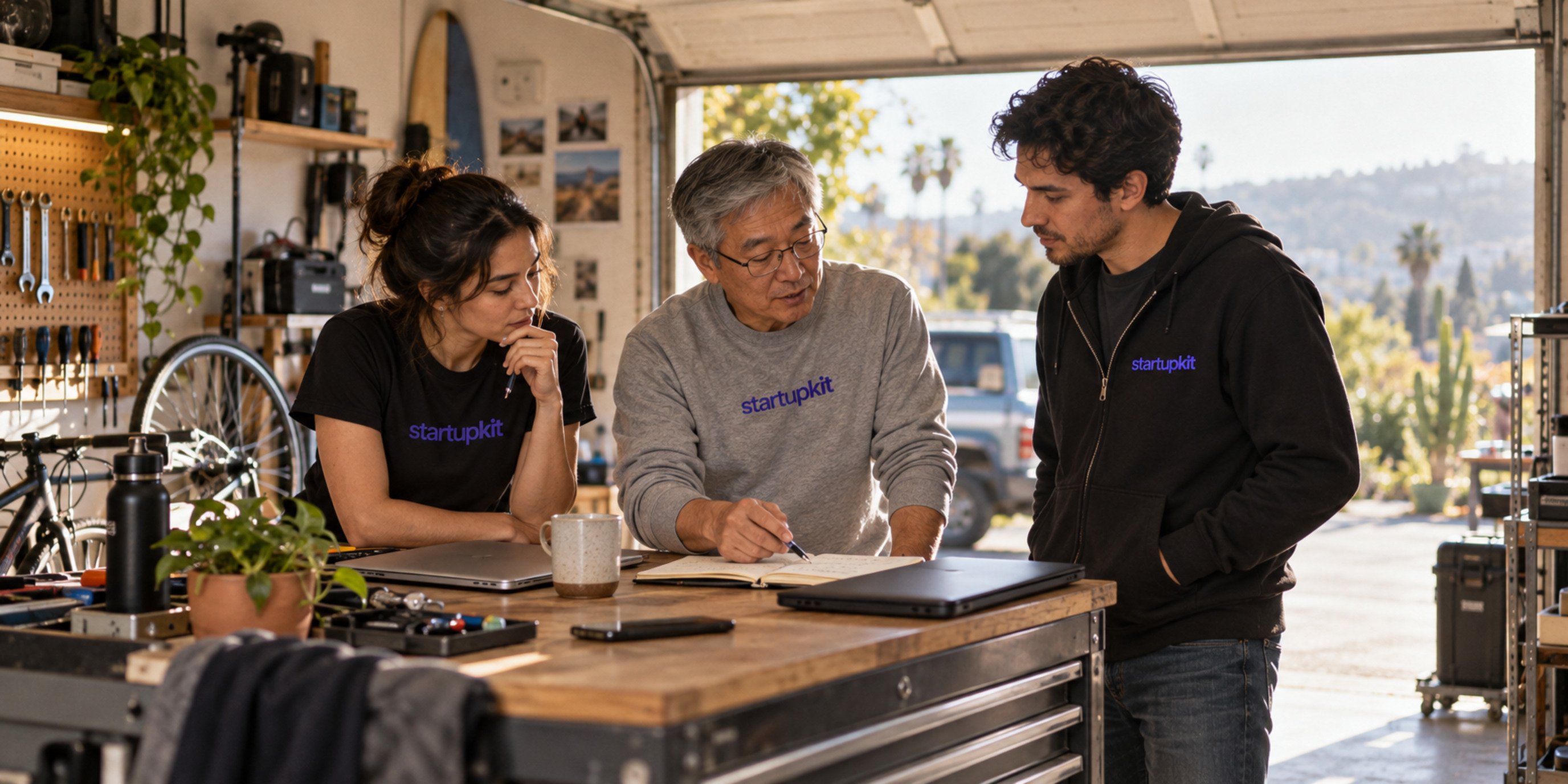 A senior East Asian security engineer and two colleagues compare incident notes in a bright California garage workspace.