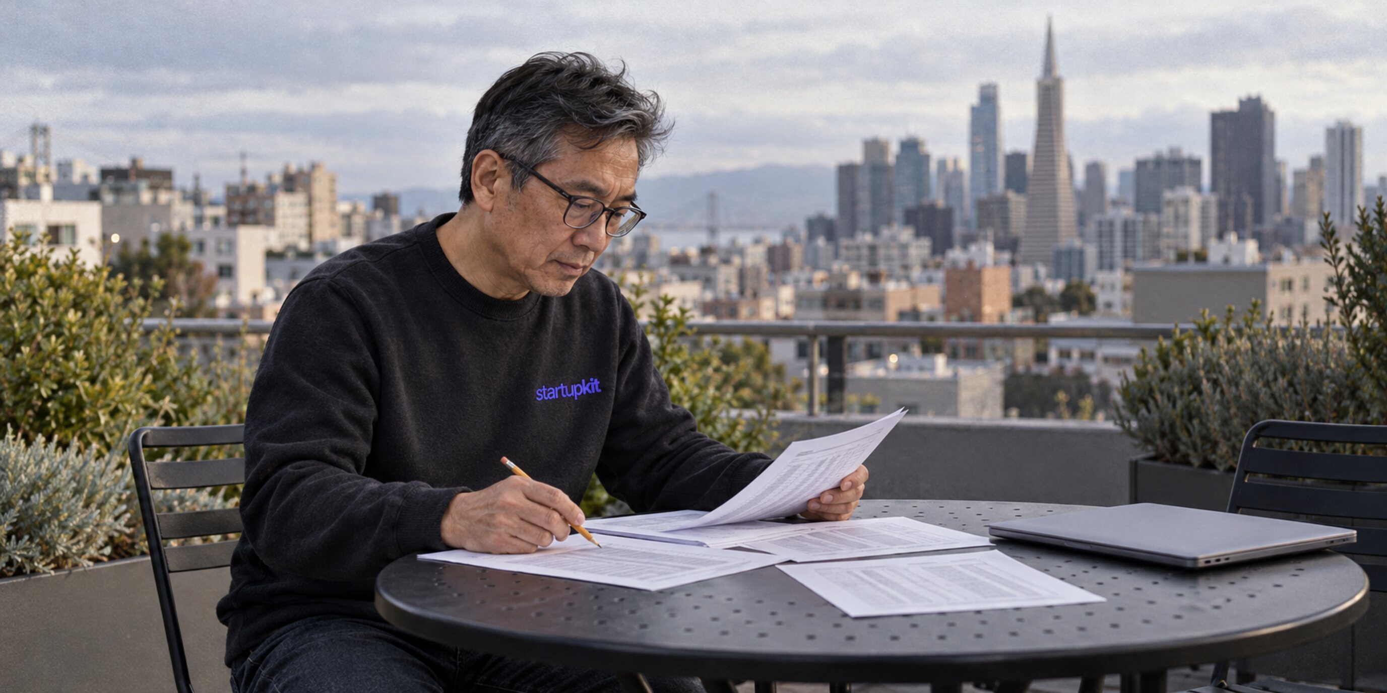 An older East Asian man in a Kit sweatshirt reviews printed tables with a pencil beside a closed laptop on a San Francisco rooftop.