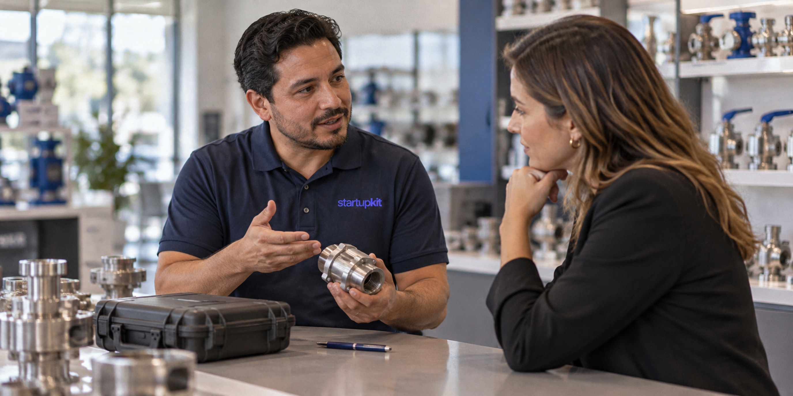 A sales representative discussing an industrial product sample with a customer in a showroom