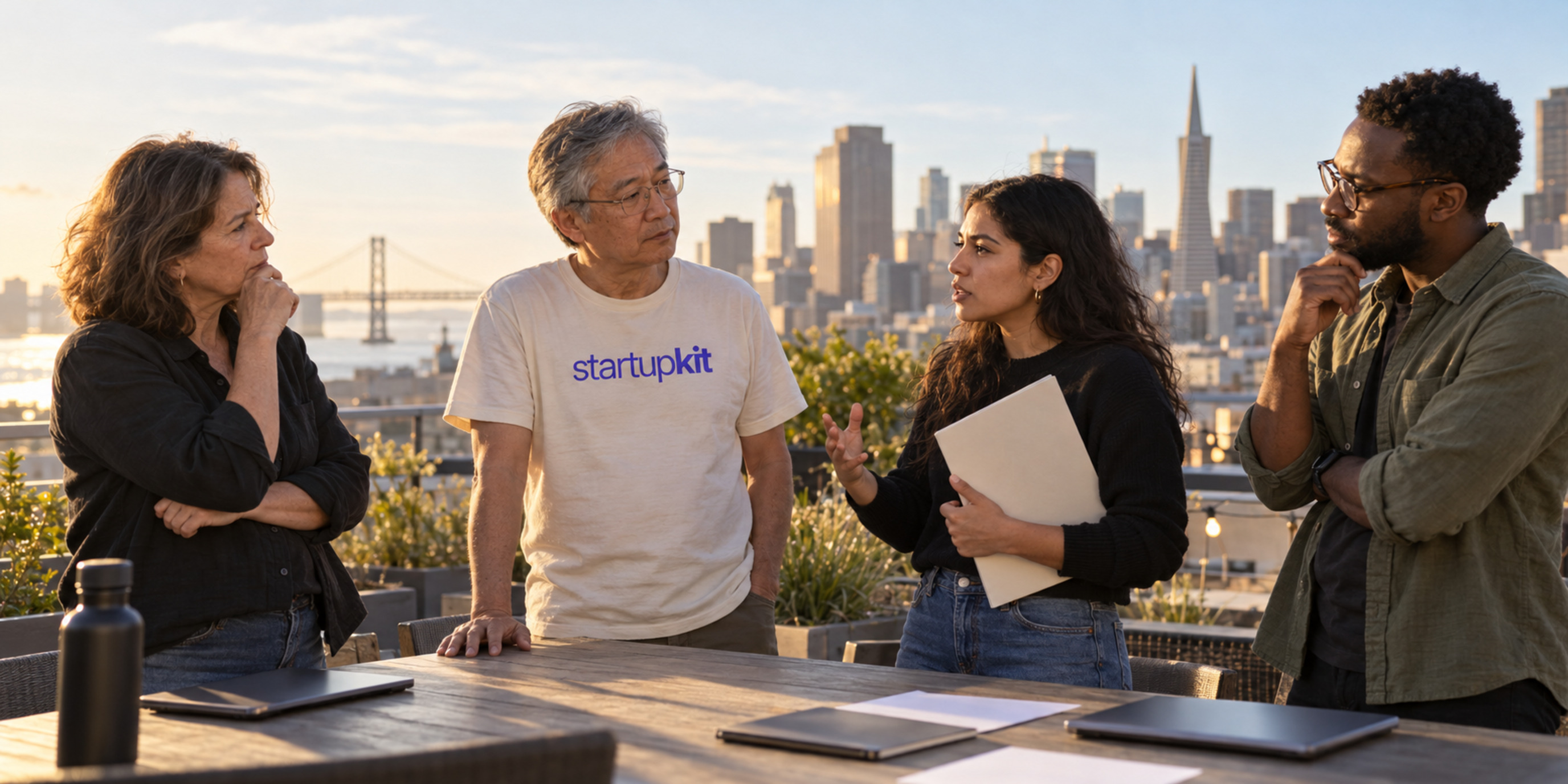 Four startup colleagues discuss a security decision on a San Francisco rooftop, with closed laptops on the table.