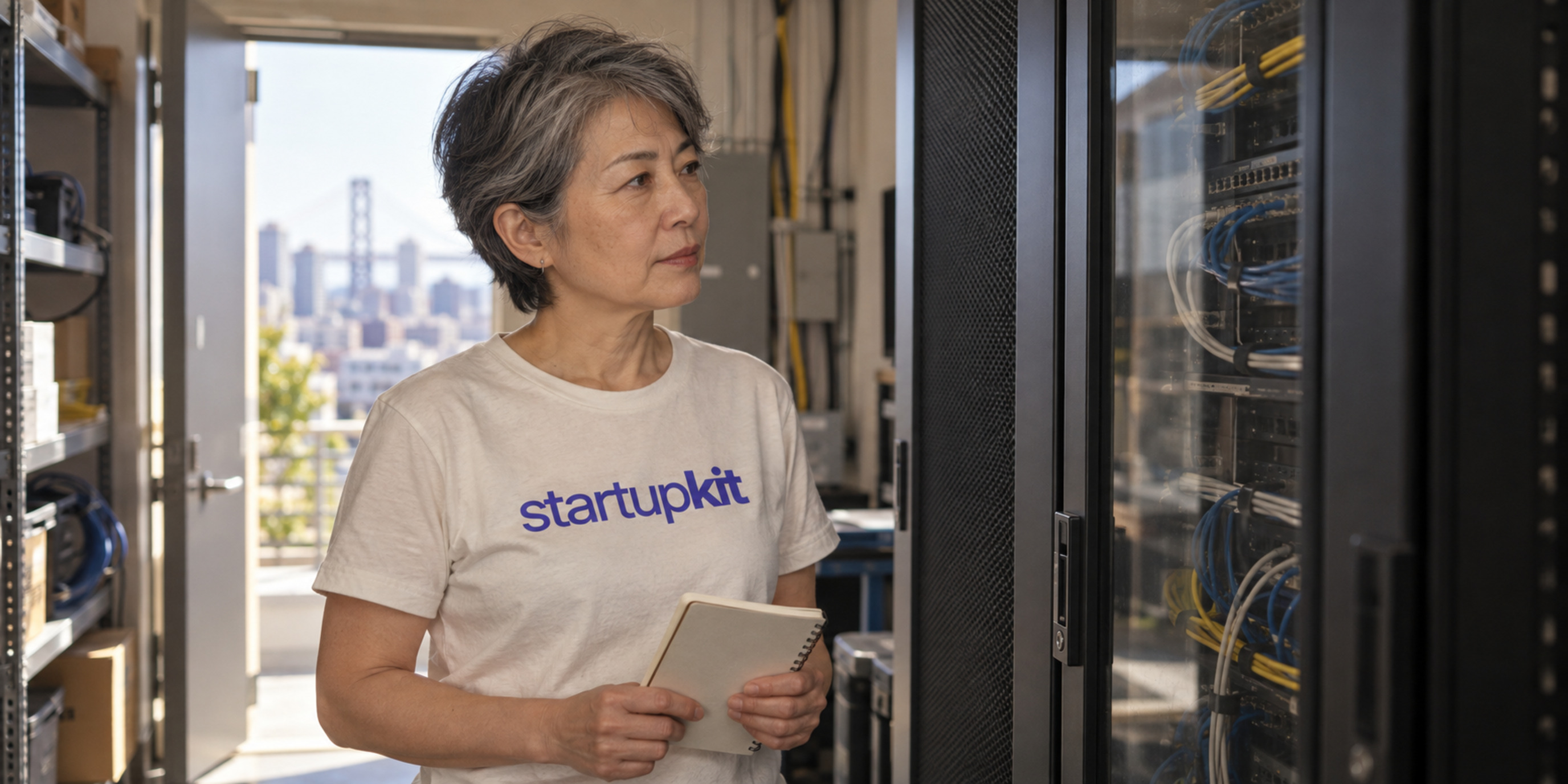 A Japanese woman security engineer inspecting a closed network cabinet while holding a notebook.